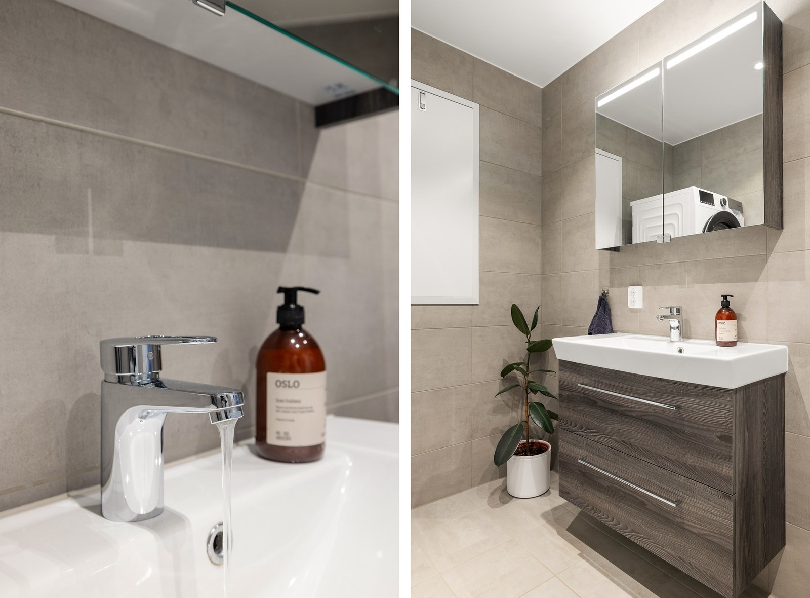Badet er innredet med vegghengt toalett, dusjhjørne med dusjgarnityr, og baderomsmøblement med speil og belysning. Galleribilde