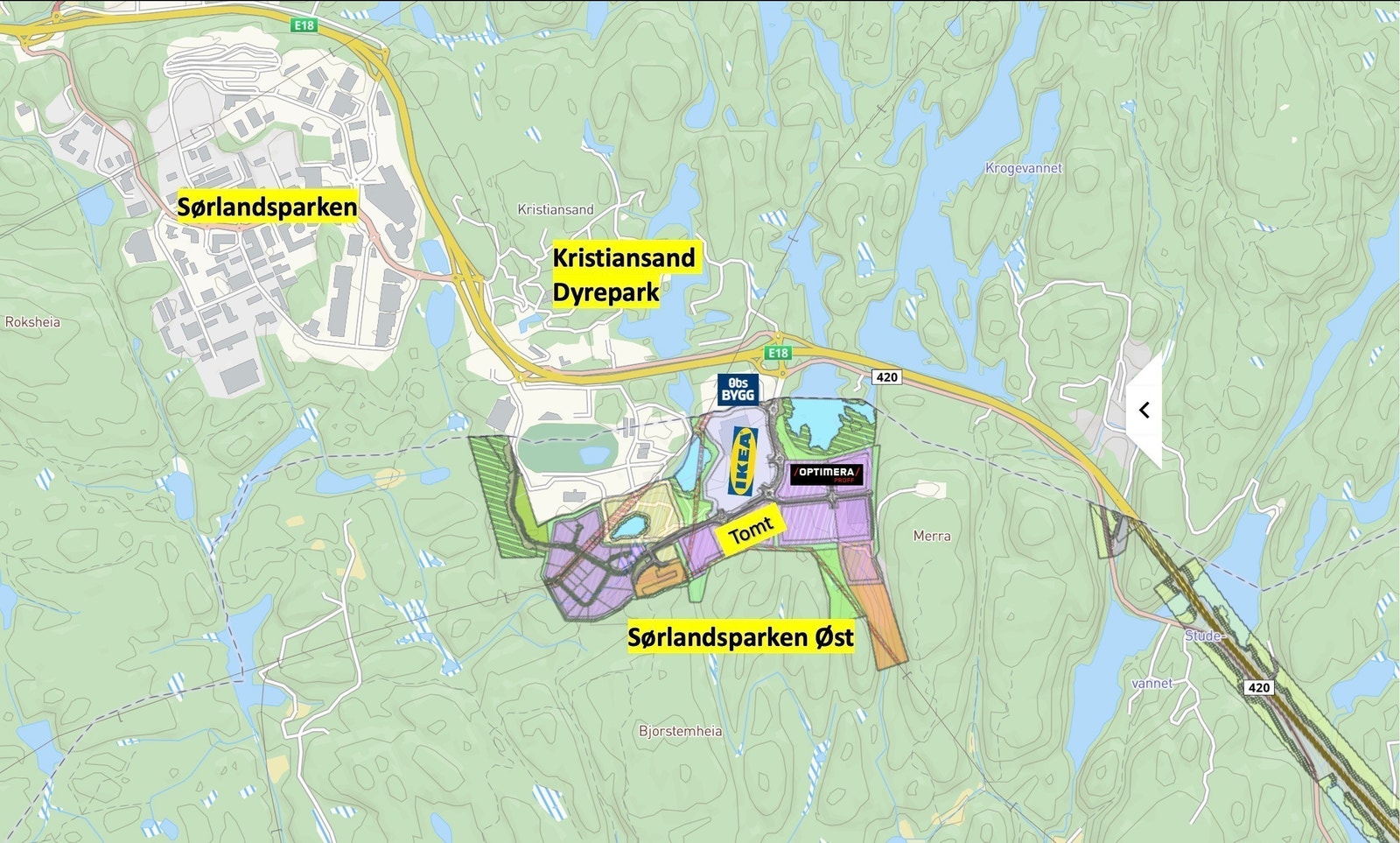 Tomten ligger øst for Norges største handelspark - Sørlandssenteret, med enkel avkjøring fra E18. Galleribilde