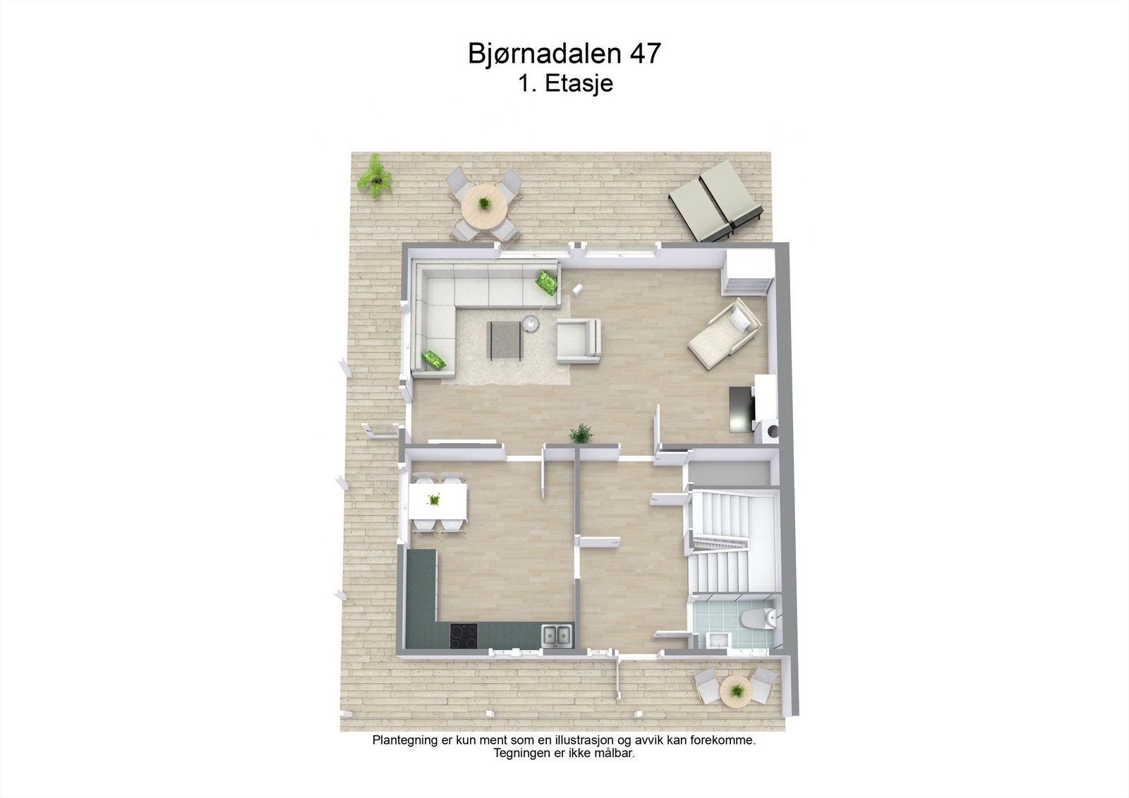 Hovedetasjen på 64 m² har en sosial sone med stue og kjøkken, samt entré og et praktisk toalettrom. Galleribilde