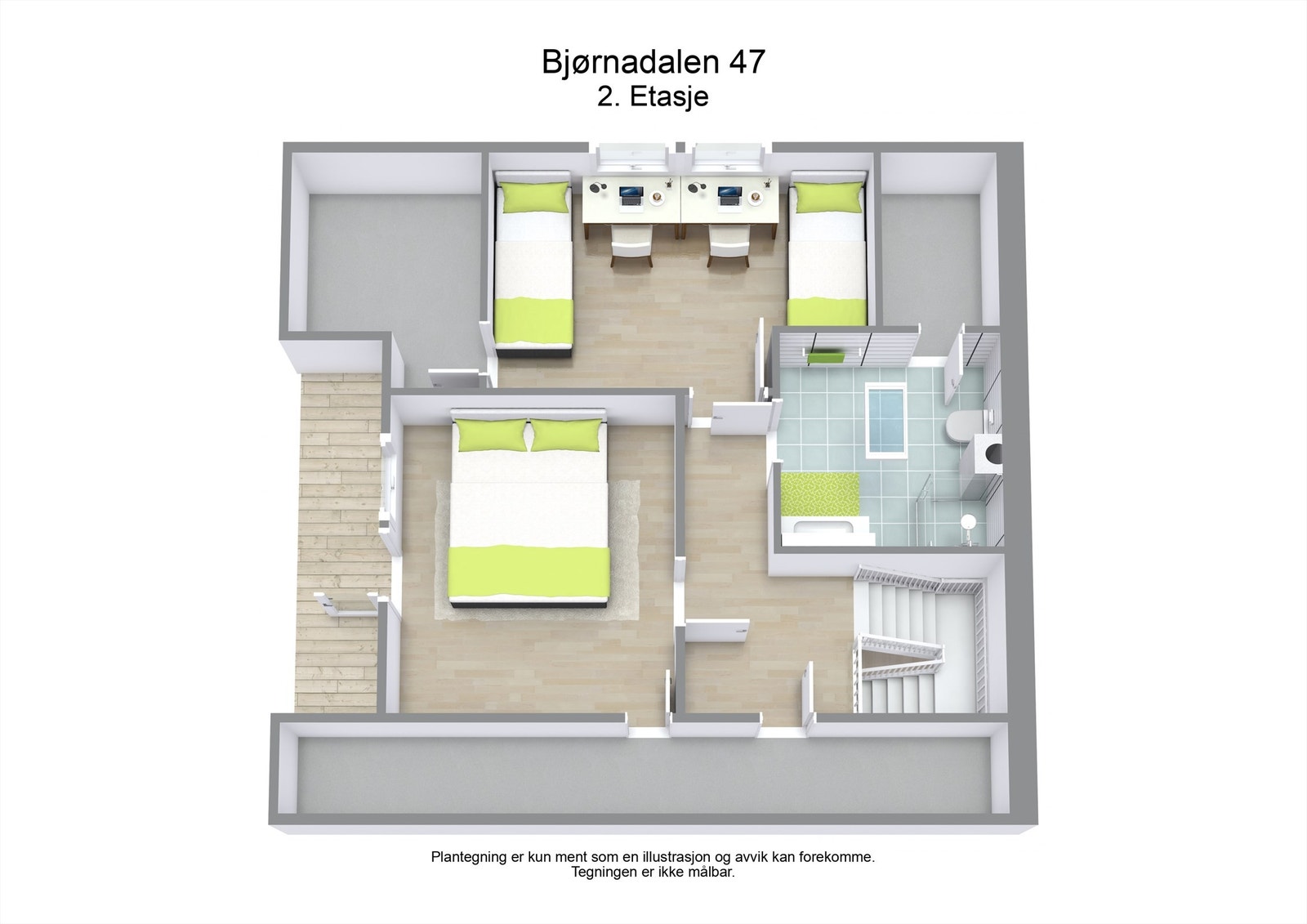 Loftsetasjen på 48 m² inneholder to soverom, bad og god lagringsplass i to boder. Galleribilde
