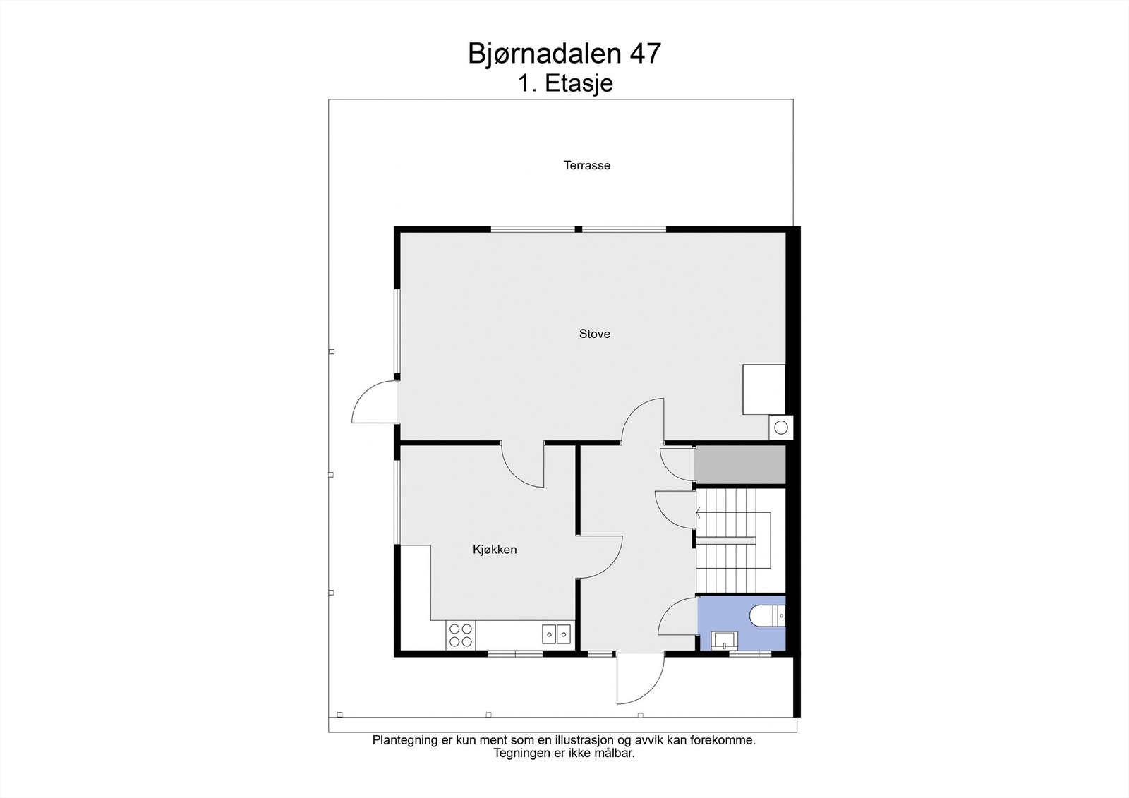 Planløsningen for første etasje viser stue, kjøkken, entré og toalettrom. Galleribilde
