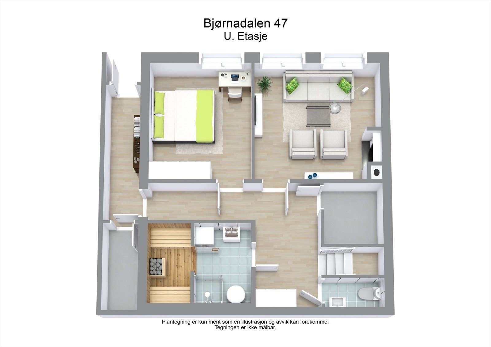 Kjelleretasjen på 66 m² rommer soverom, peisstue, bad/vaskerom, badstue og toalettrom. Galleribilde
