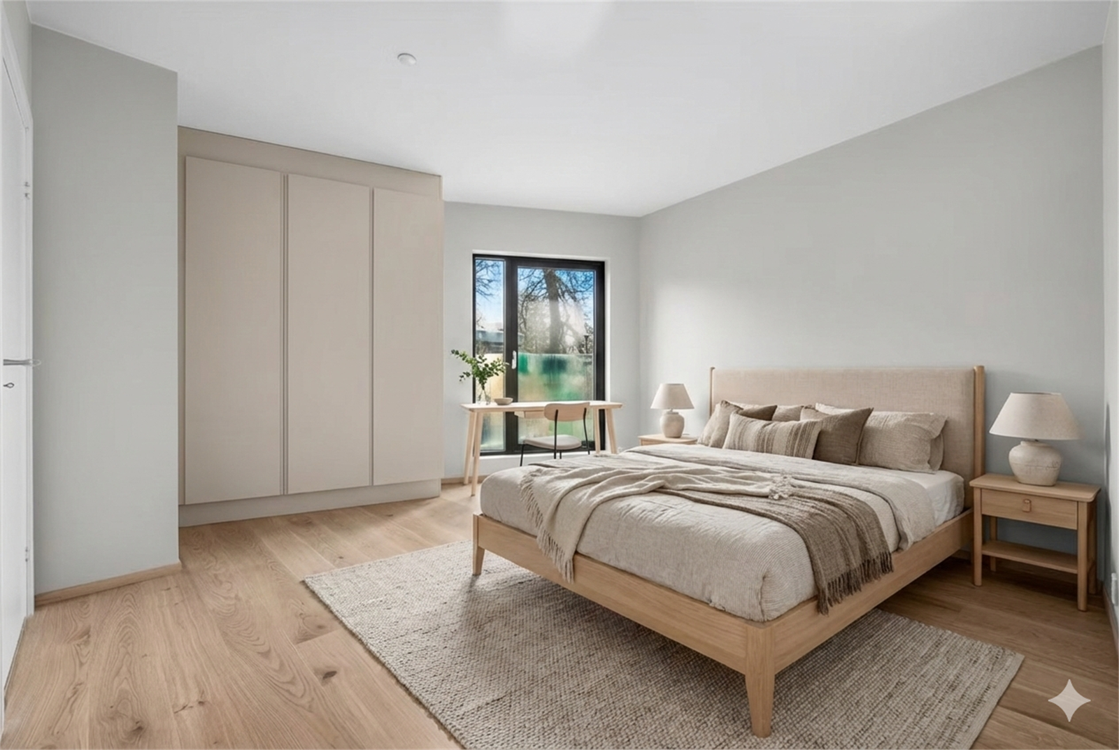 Hovedsoverom med plass til dobbeltseng og garderobe - bildet er digitalt innredet. Avvik vil forekomme. Galleribilde