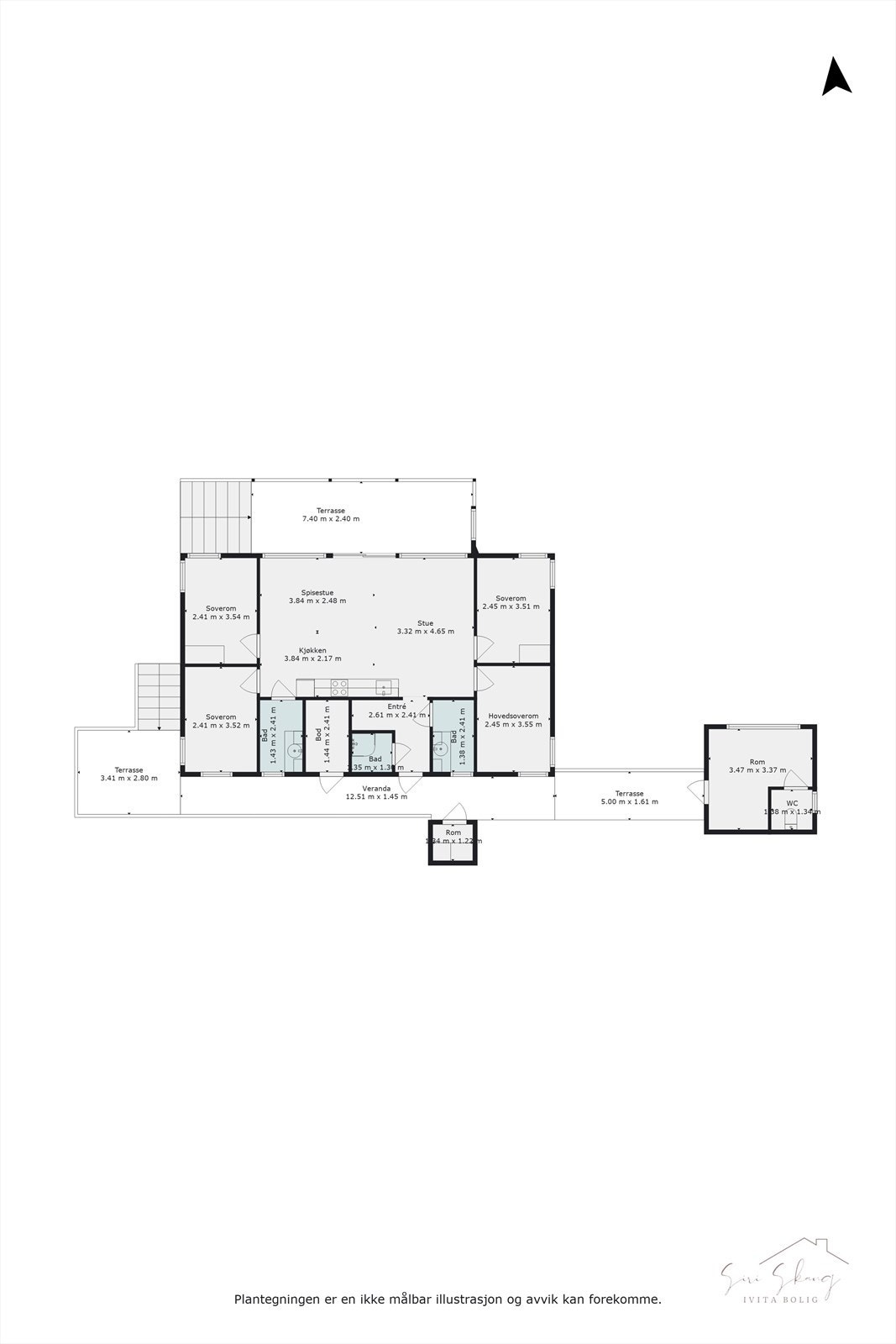 Plantegning i 2D av 1.etg og tilleggsbygg. Galleribilde