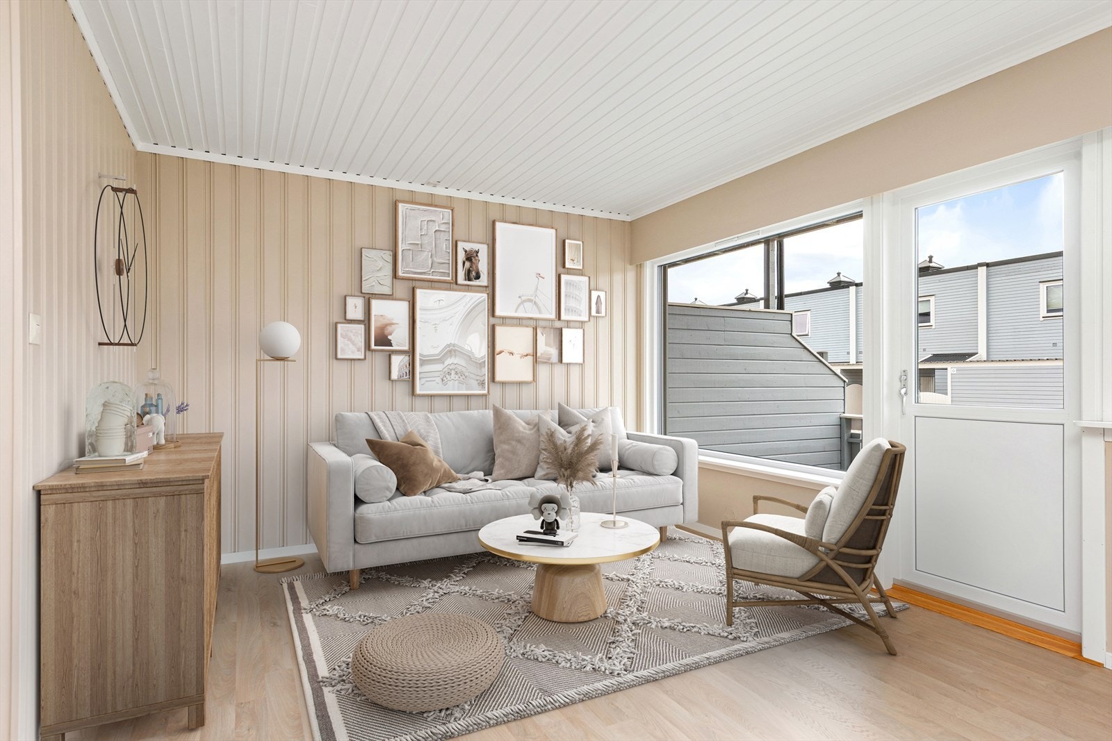 Fra stuen er det utgang til terrasse og hage - digitalt møblert foto Galleribilde