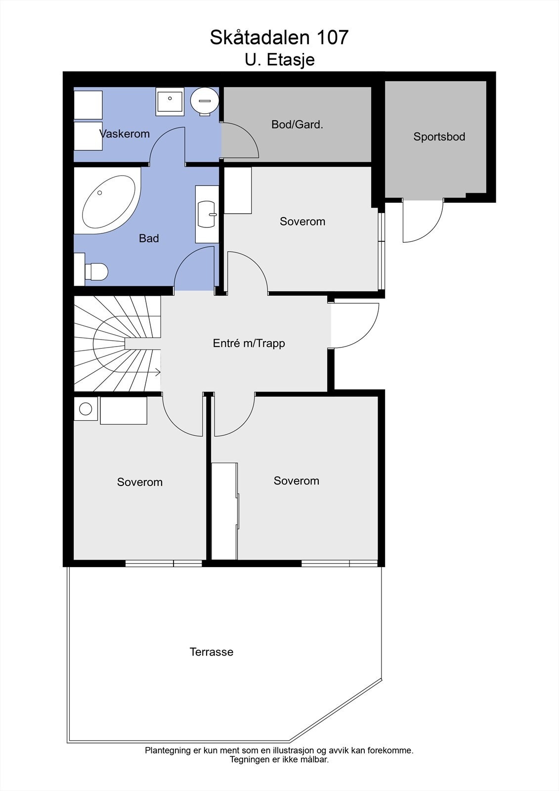 Underetasjen inneholder entré, tre soverom, bad, vaskerom og bod/garderobe. Fra entréen er det utgang til terrasse. Galleribilde