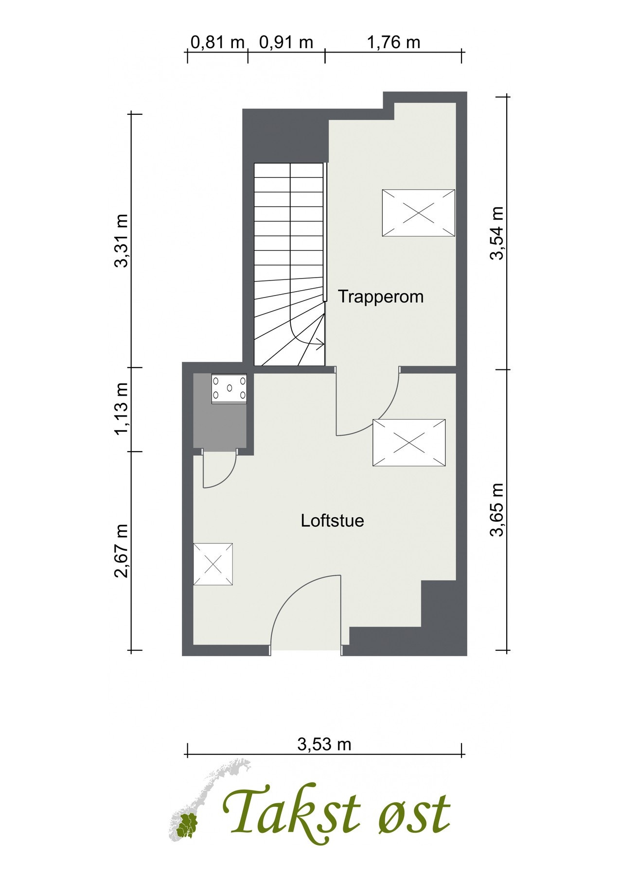 Andre etasje består av trapperom og loftstue. Gulvareal på 21kvm. Galleribilde