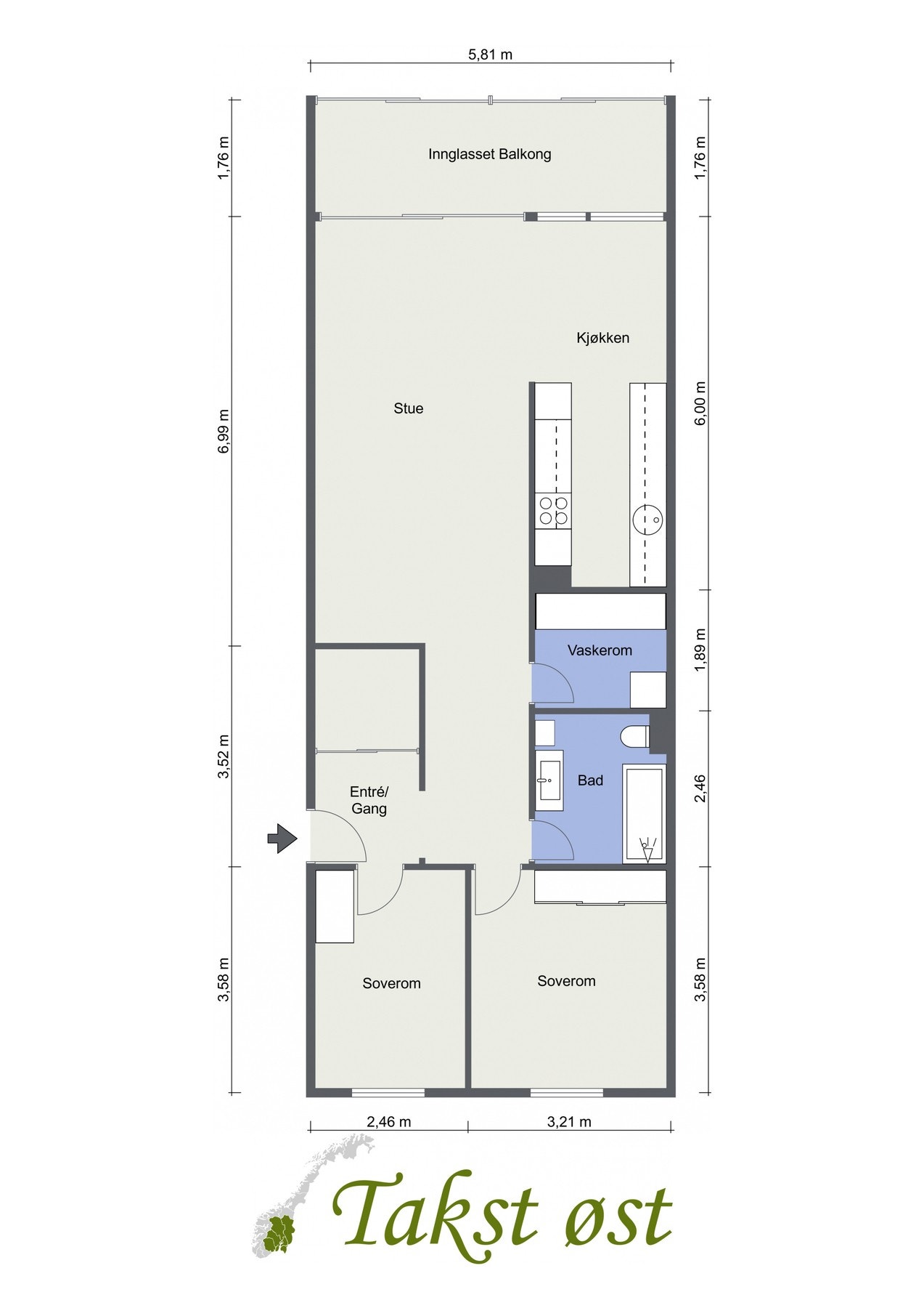 Plantegning. I tillegg disponerer leiligheten en ekstern bod på 4 kvm. Galleribilde