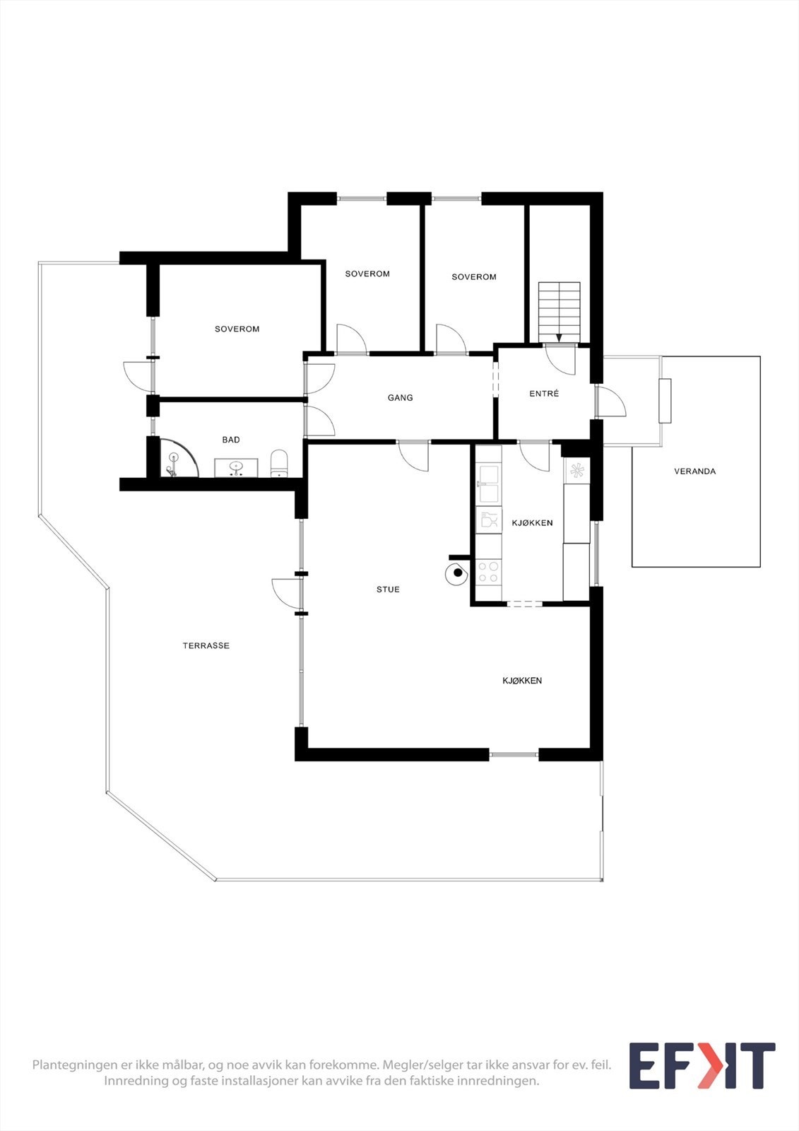 Hovudetasjen har ei praktisk planløysing med stove, kjøkken, tre soverom og bad samla på eitt plan. Galleribilde