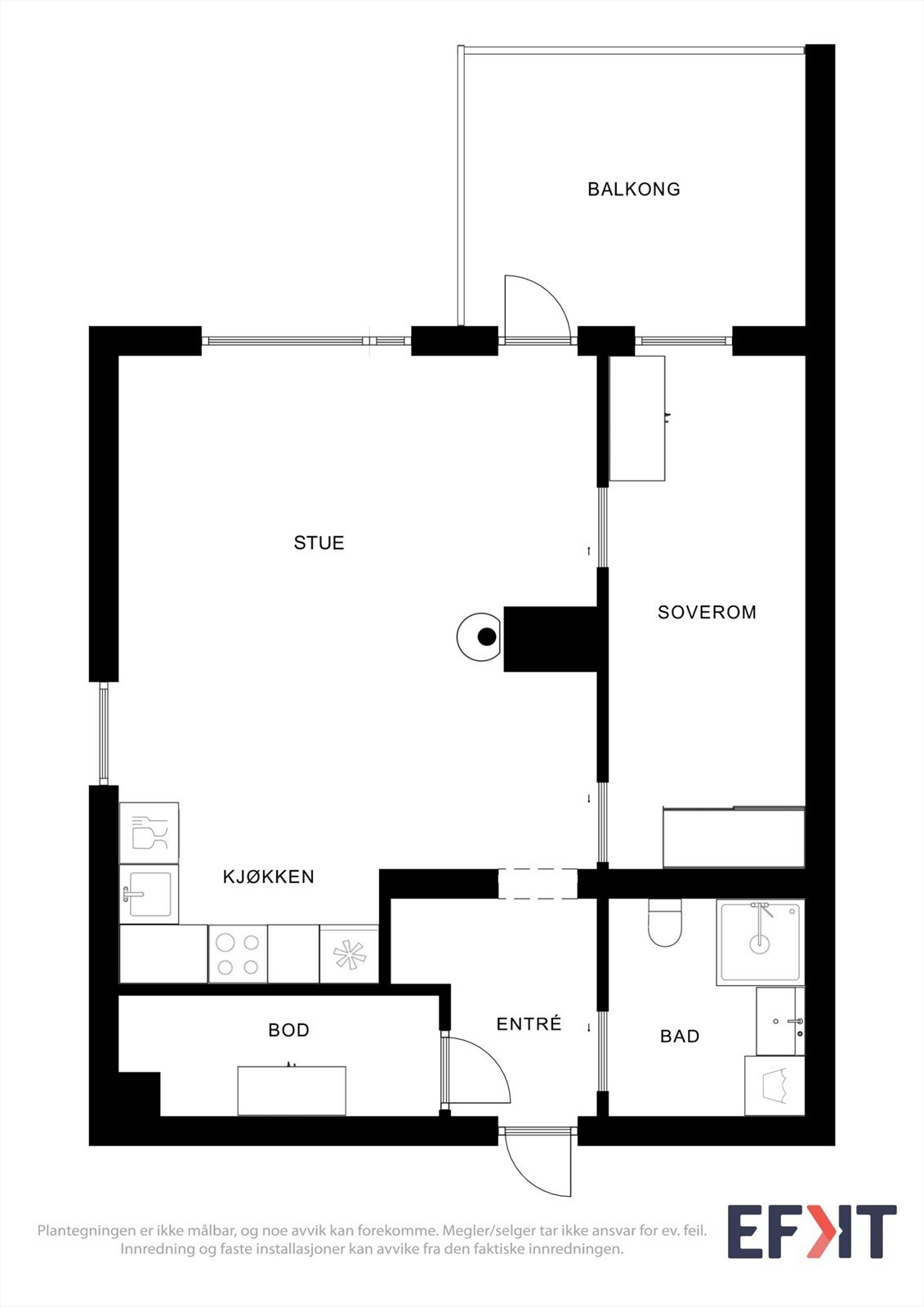 Leiligheten har en gjennomtenkt planløsning på 55 m² som omfatter entré, bad, teknisk rom, soverom og en åpen sone for stue og kjøkken. Galleribilde