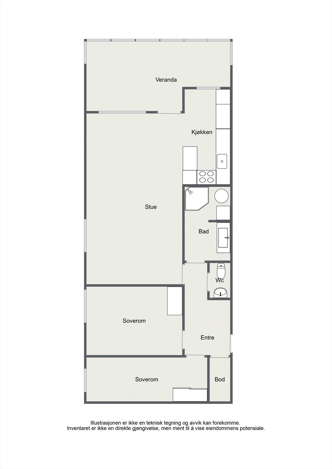 Leiligheten har en arealeffektiv planløsning på 77 m² med to soverom, separat toalettrom og en praktisk innvendig bod. Galleribilde