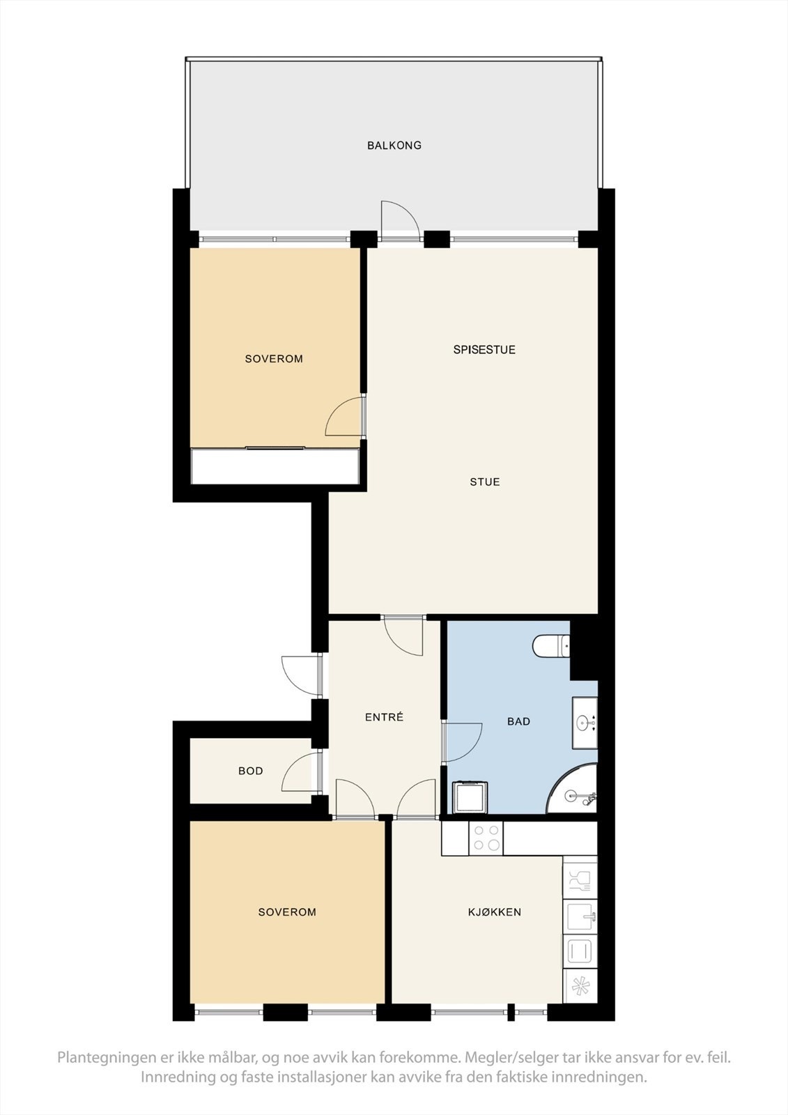 Leiligheten har en arealeffektiv planløsning på 83 m² med innvendig bod, to soverom, separat kjøkken og en stor stue. Galleribilde