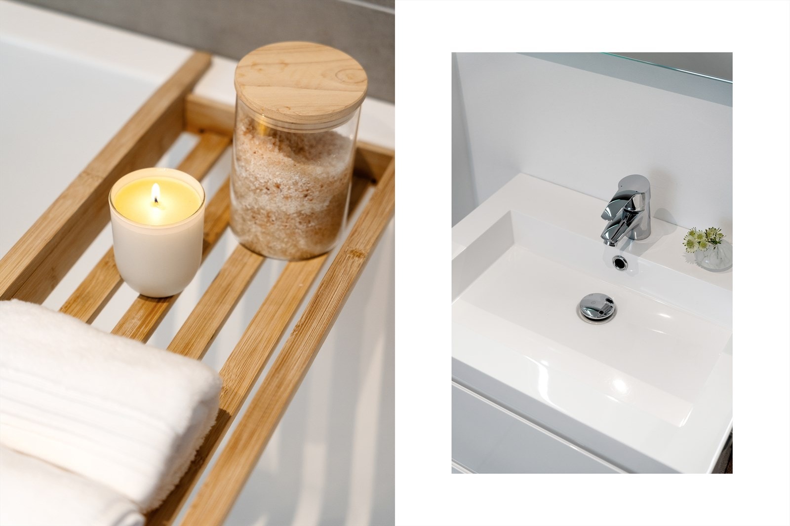 Badet har badekar med dusj, vegghengt toalett, hvit baderomsinnredning og speil med belysning på vegg. Galleribilde