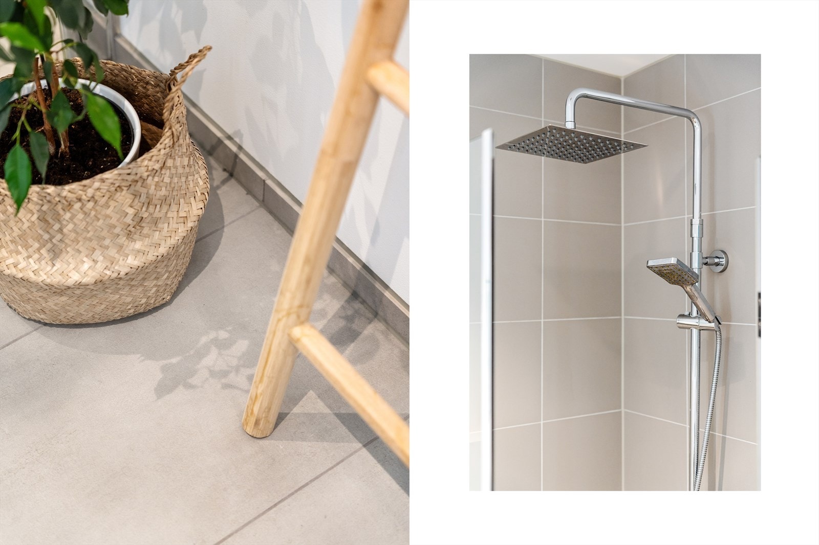 Dusjhjørne med mosaikkfliser, to glassdører, rainshower og hånddusj. Galleribilde