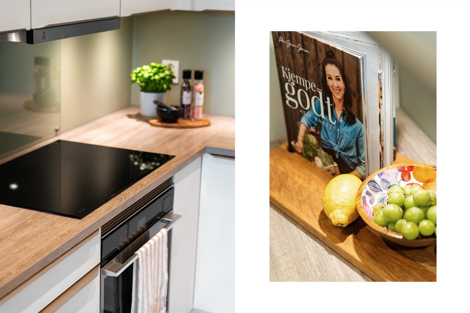 Integrert 80 cm platetopp, oppvaskmaskin, komfyr, mikro og medfølgende side-by-side kjøleskap med vann, isbit- og knust isbit funksjon. Galleribilde