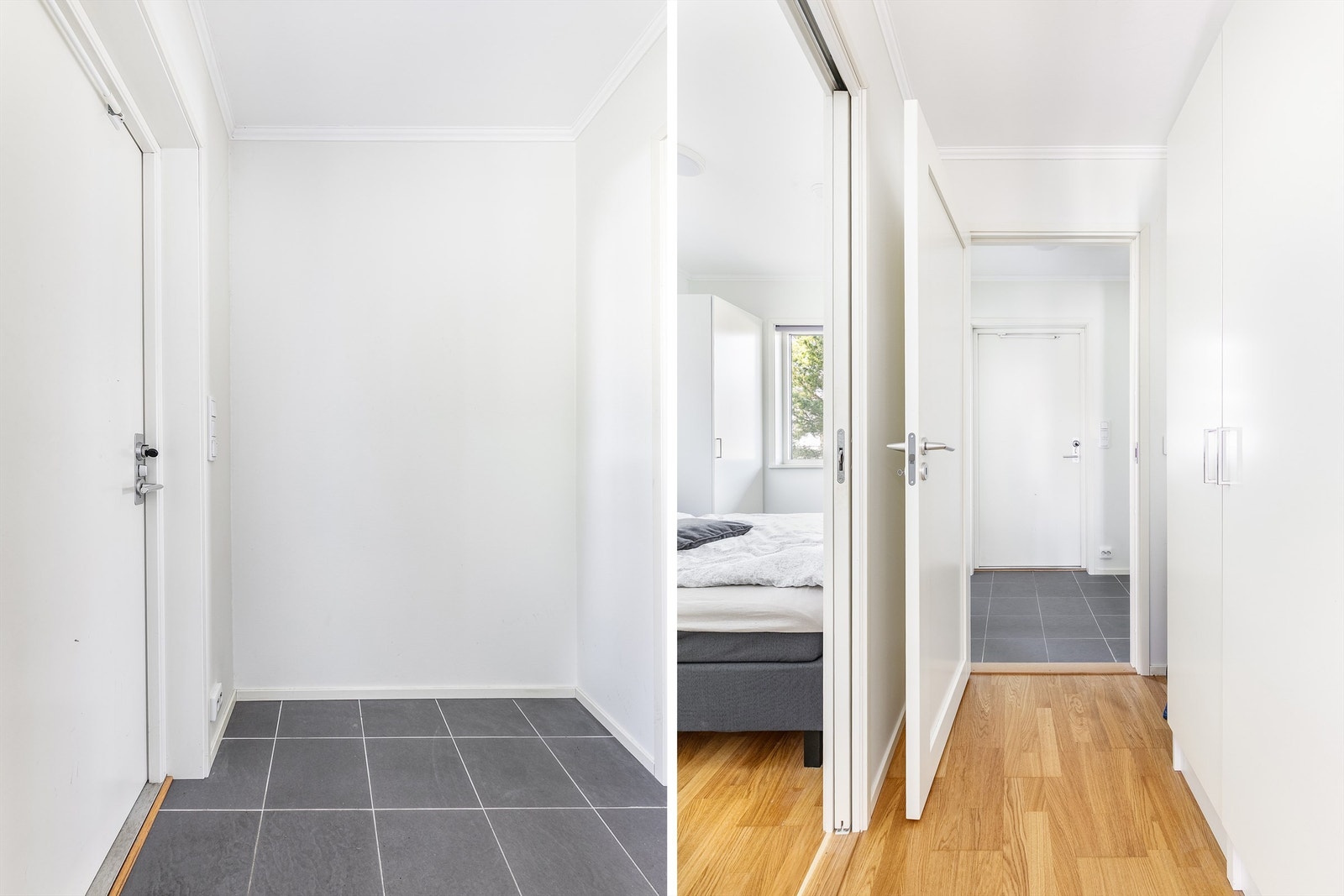 To plassbesparende skyvedører gir tilgang til hver sin side av dobbeltsengen; én fra gangen, én fra entreen. Galleribilde