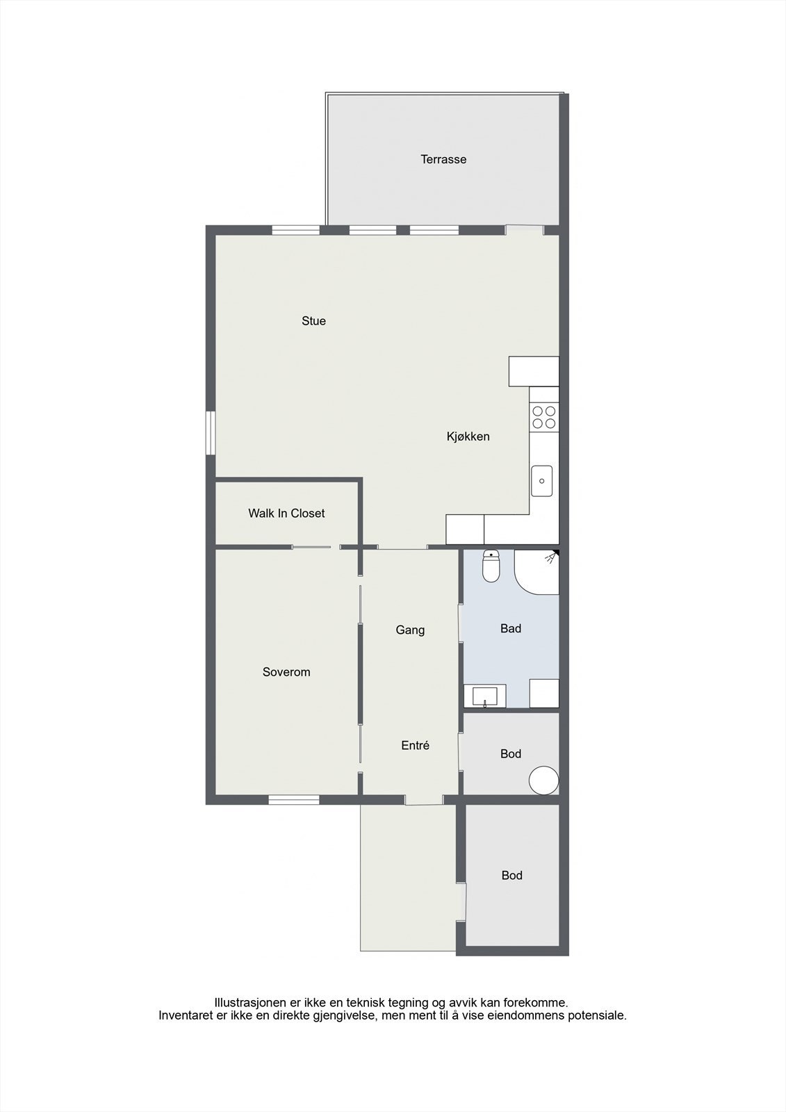 Leiligheten har en arealeffektiv planløsning på 50 m² som inkluderer ett soverom, åpen stue/kjøkken, og direkte utgang til terrasse. Galleribilde