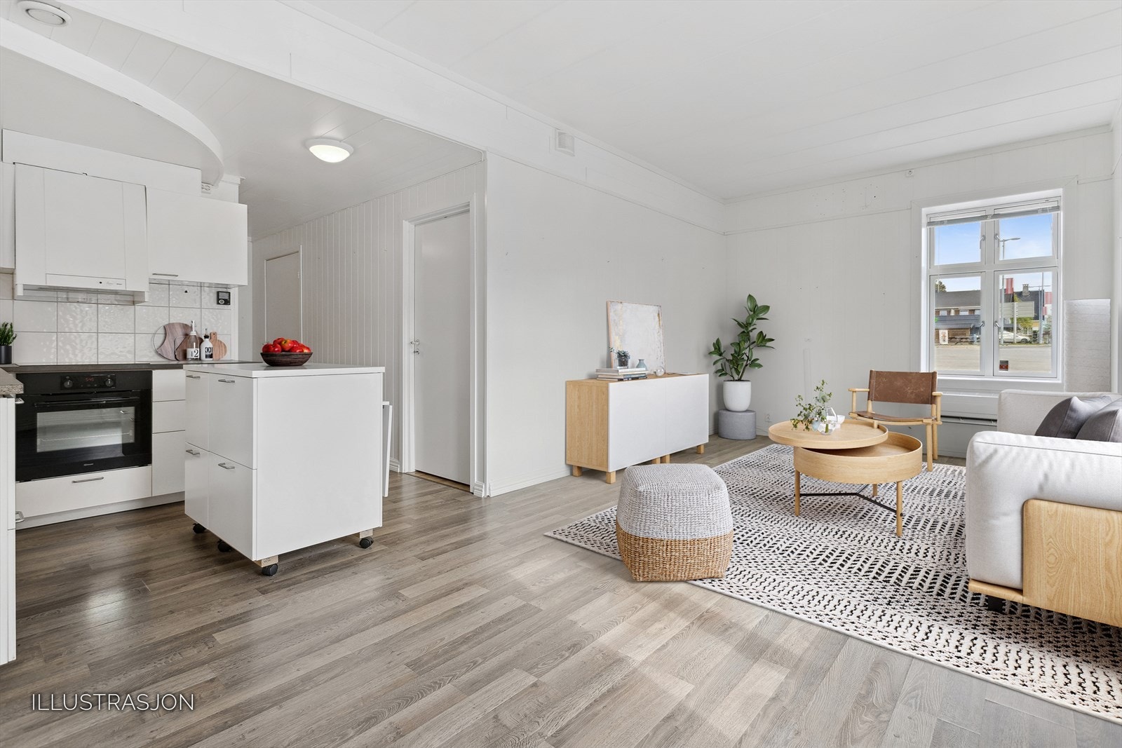 Stue og kjøkken med muligheter for både sofa- og spiseplass. Bildet har illustrert møblering. Galleribilde