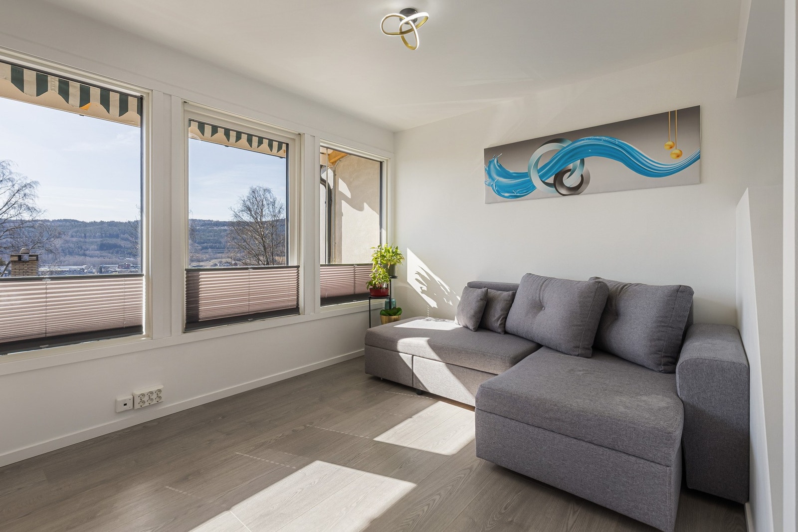 Gulvet er belagt med slitesterkt laminat, og veggene er malt i lyse, nøytrale farger. Galleribilde