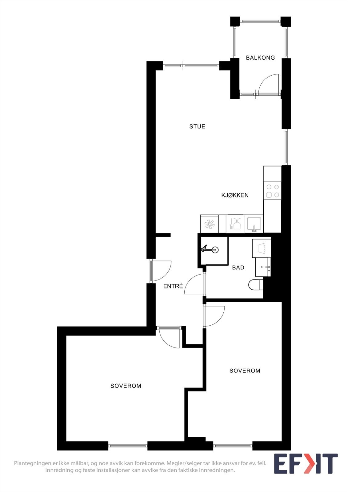 Leiligheten på 59 m² har effektiv planløsning med to soverom, åpen stue/kjøkken og innglasset balkong. Galleribilde