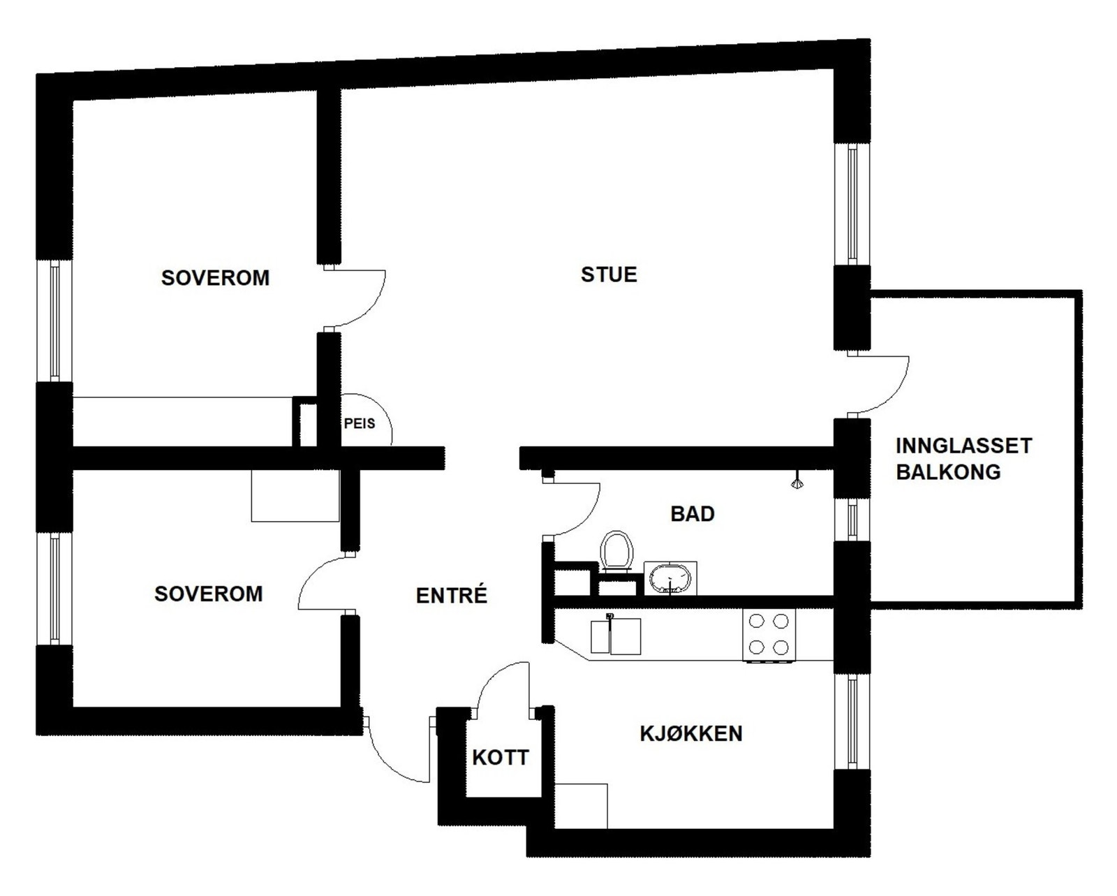 Planskisse. Leiligheten disponerer loftsbod og 2 kjellerboder i tillegg. Galleribilde