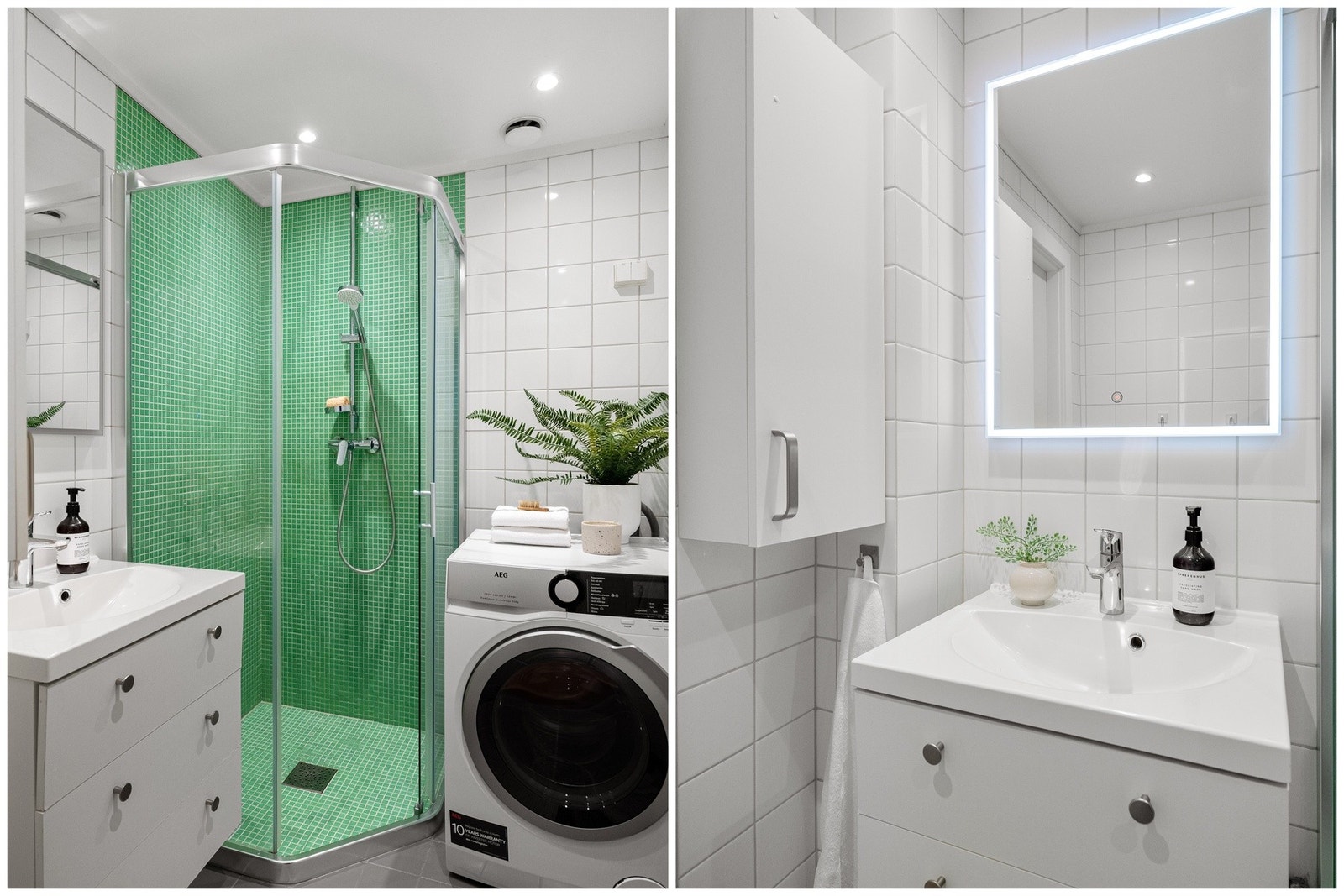 Inneholder: Dusjhjørne med skyvedør i glass, heldekkende servant med integrert belysning, veggskap, og opplegg for vaskemaskin. Separat toalettrom med servant og WC. Galleribilde