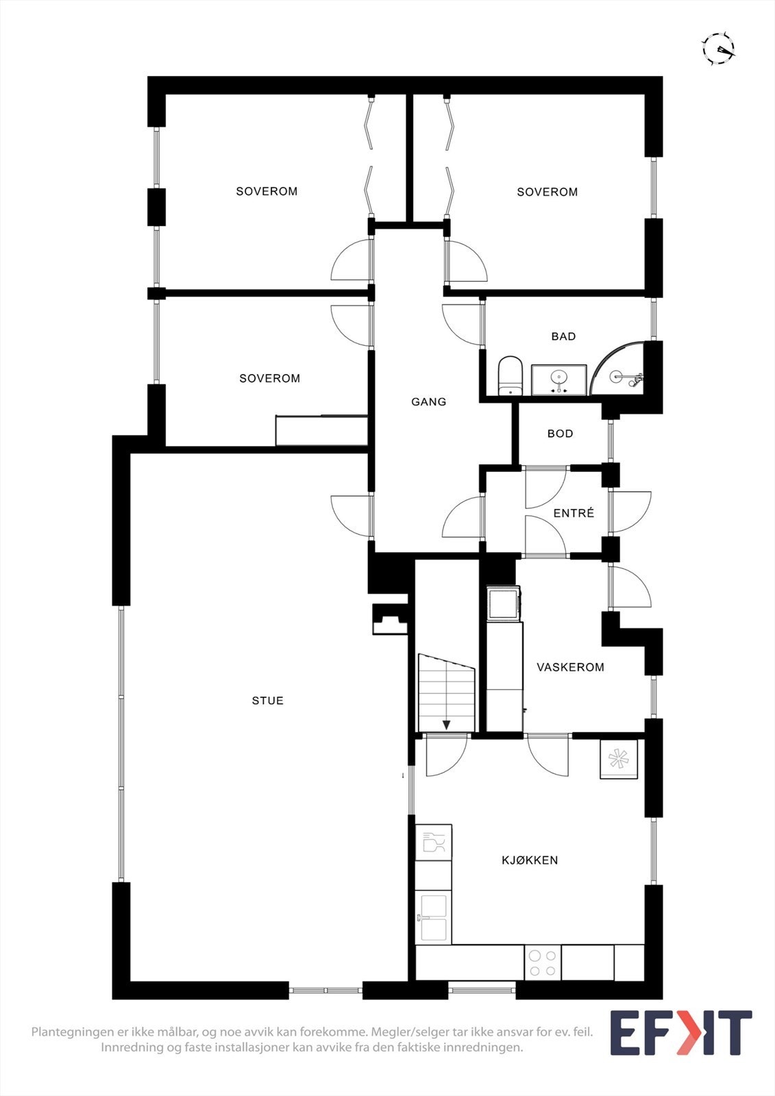 Hovuddelen har ein arealeffektiv plan med tre soverom, bad, stove og kjøkken på same plan. Galleribilde