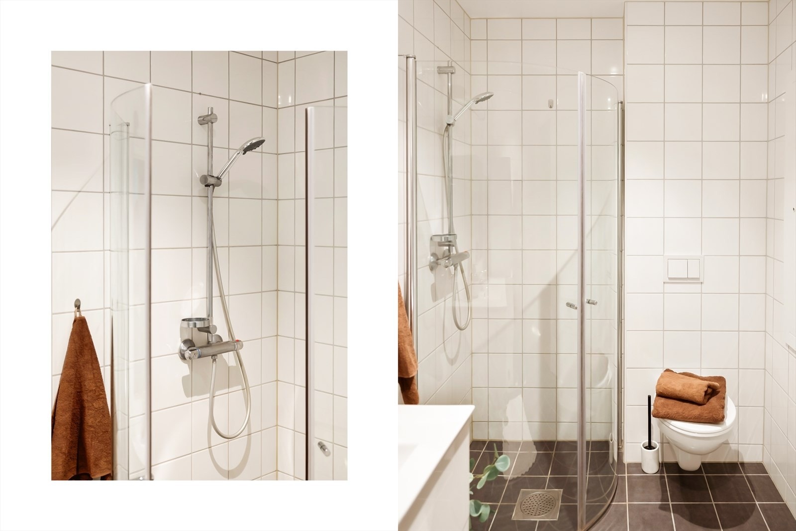 Badet har innredning med nedfelt servant, veggmontert toalett og dusjvegger/hjørne. Galleribilde