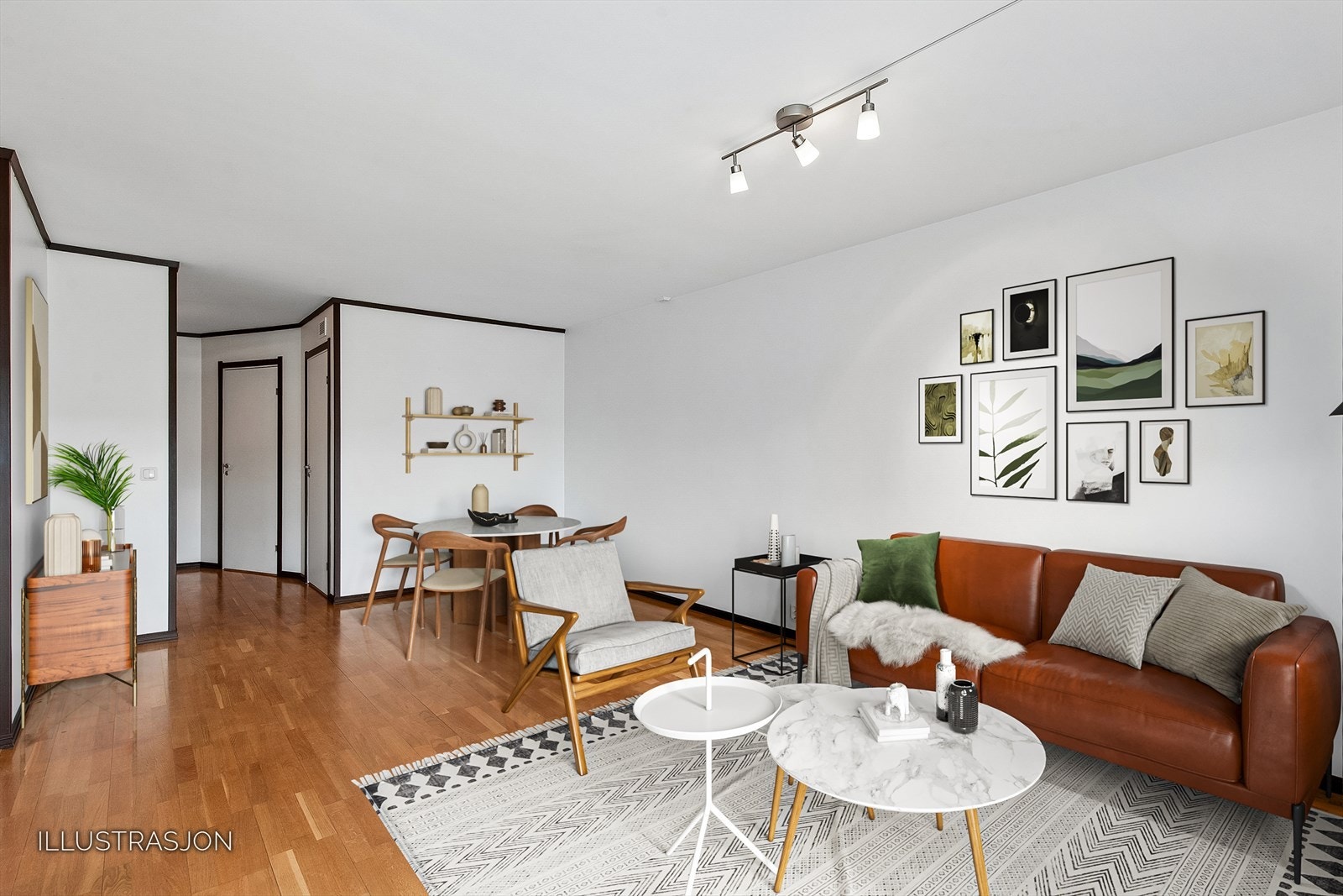 Rommet er enkelt å møblere med god plass til både sofagruppe og spisebord. Digital styling. Galleribilde