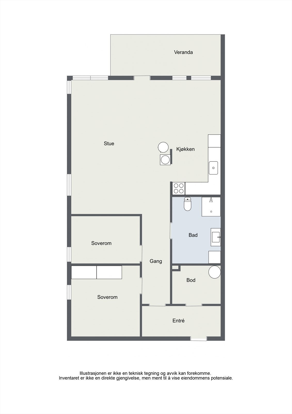 Leiligheten har en effektiv planløsning på 93 m² som skiller soverommene fra de sosiale sonene. Den inneholder to soverom, bad, bod og en åpen stue-kjøkkenløsning. Galleribilde