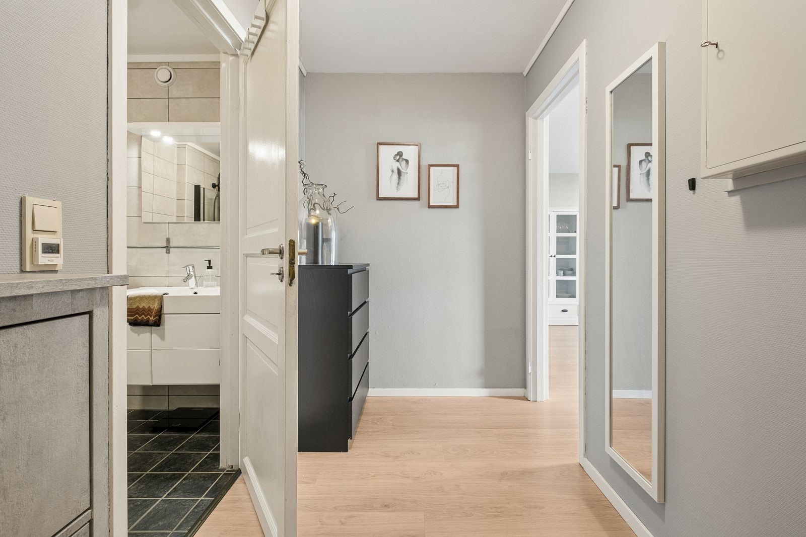Fra den sentrale gangen på 5,5 m² når du enkelt leilighetens bad, kjøkken og stue. Galleribilde