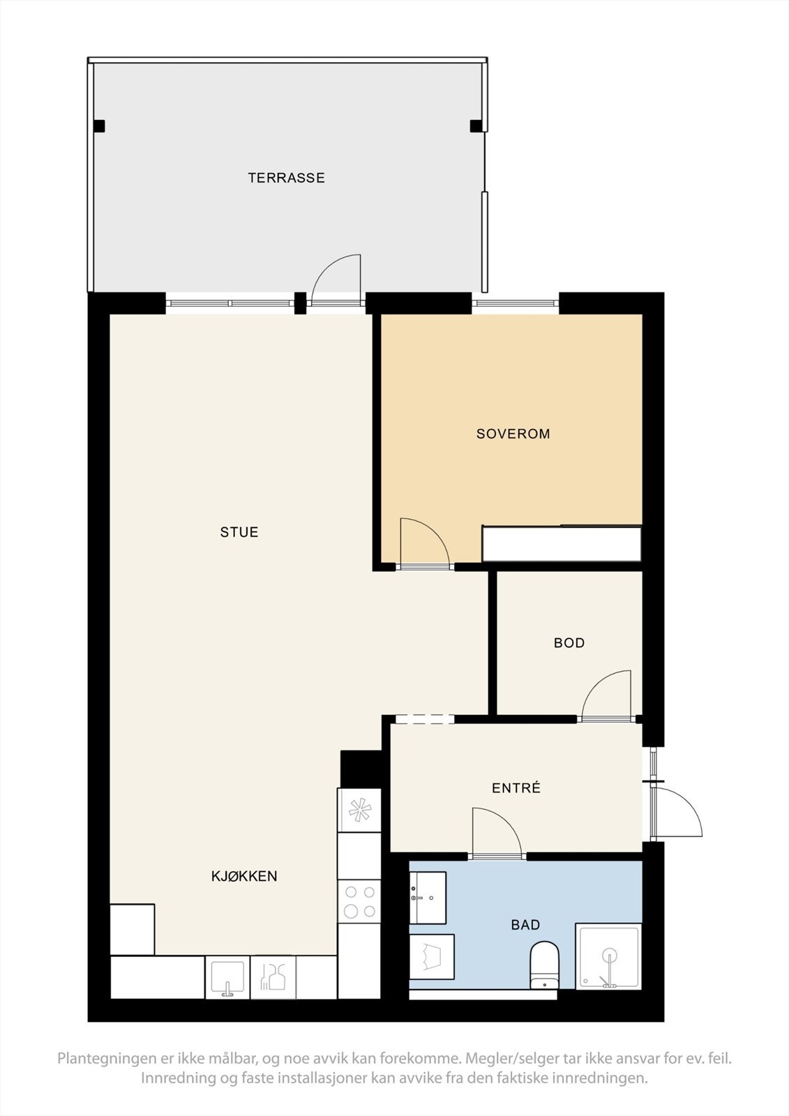 Planløsningen på 64 m² er arealeffektiv med separat kjøkken og en god fordeling mellom sosiale soner og private rom. Galleribilde