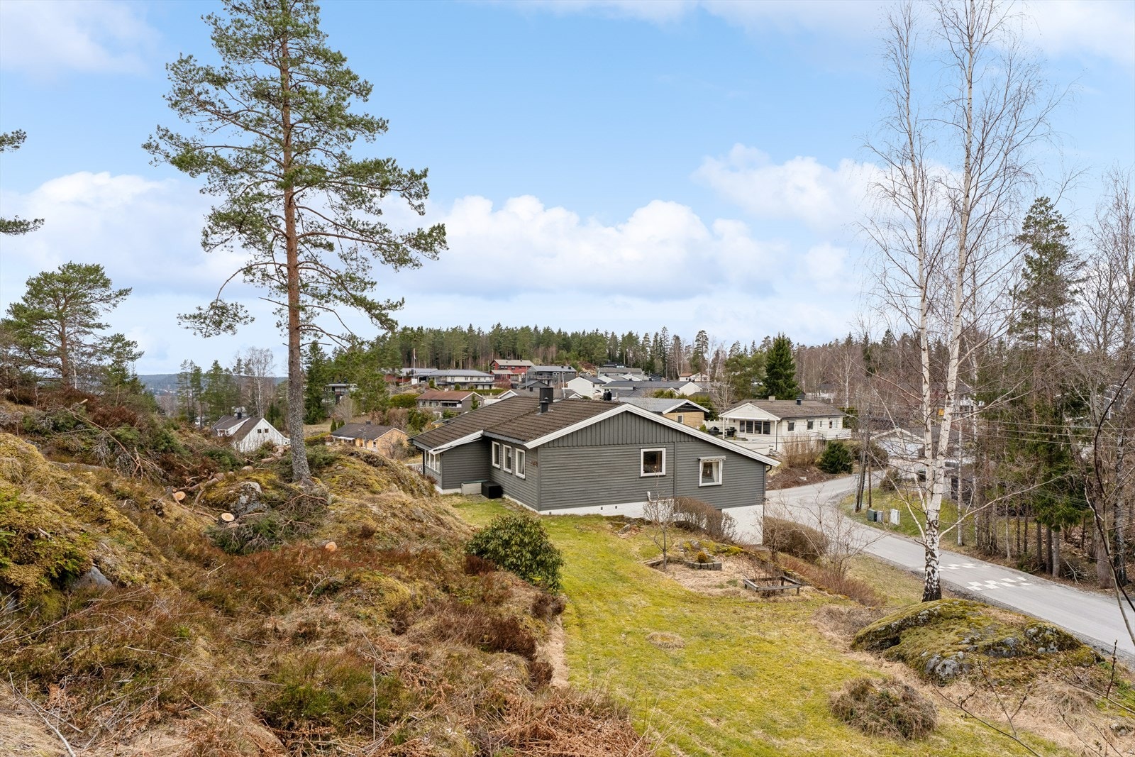 Tomten er opparbeidet med både plen og deler er naturtomt Galleribilde