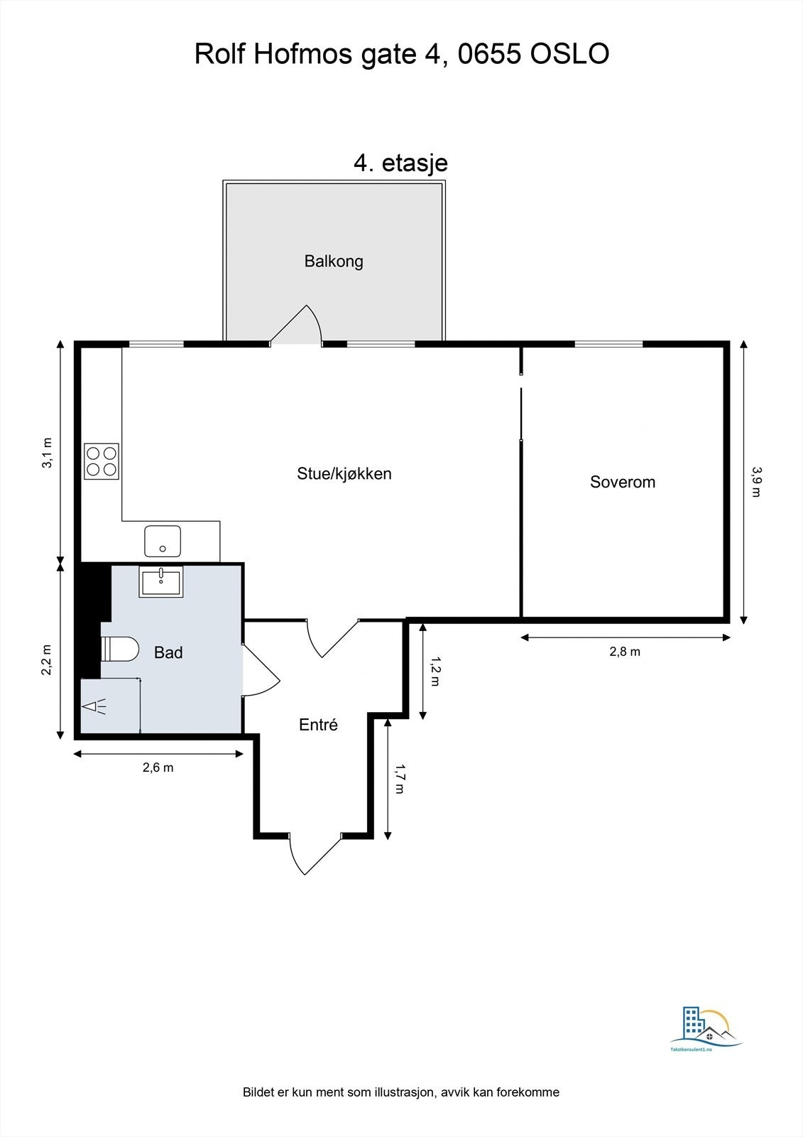 Leiligheten har en arealeffektiv og gjennomtenkt planløsning på 46 m² (BRA). Den sosiale sonen med åpen stue- og kjøkkenløsning har utgang til balkongen, mens soverommet ligger adskilt. I tillegg disponeres en romslig kjellerbod på hele 8,3 m². Galleribilde