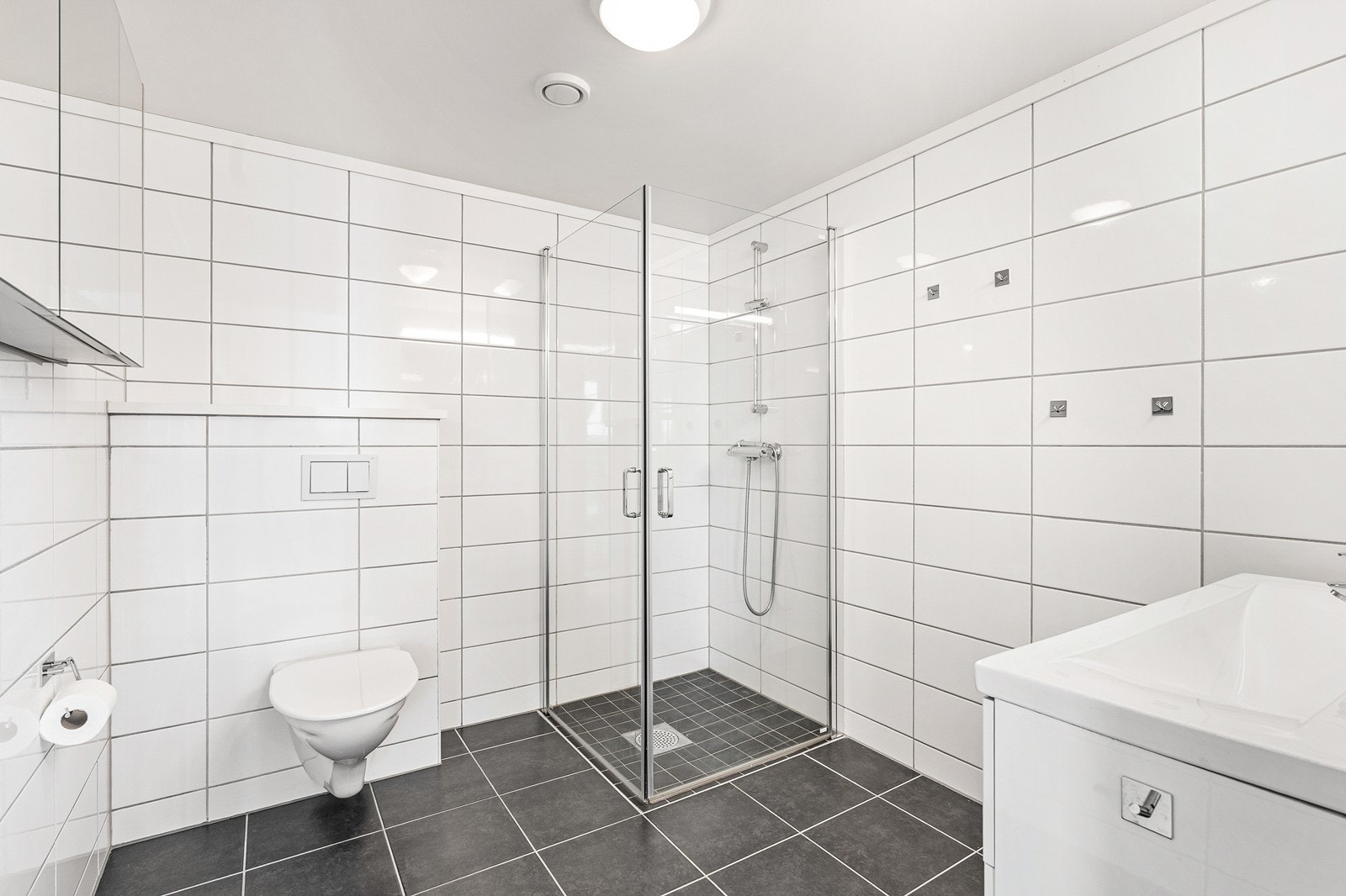 Badet er innredet med baderomsinnredning med vask, dusjhjørne og vegghengt toalett Galleribilde