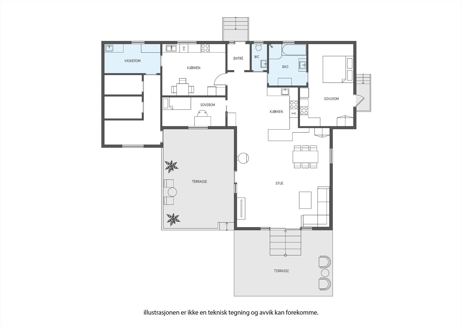 Boligens første etasje har et bruksareal på 119 m² og inneholder blant annet stue, kjøkken, soverom, bad og en innredet hybeldel. Galleribilde