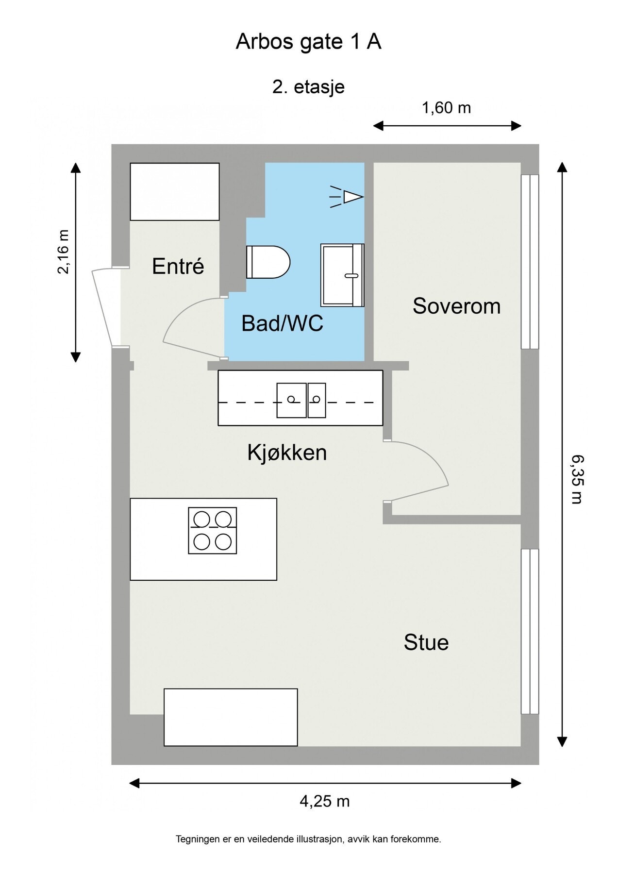 Plantegningen inneholder entré, åpen stue-/kjøkkenløsning, soverom og baderom. Galleribilde