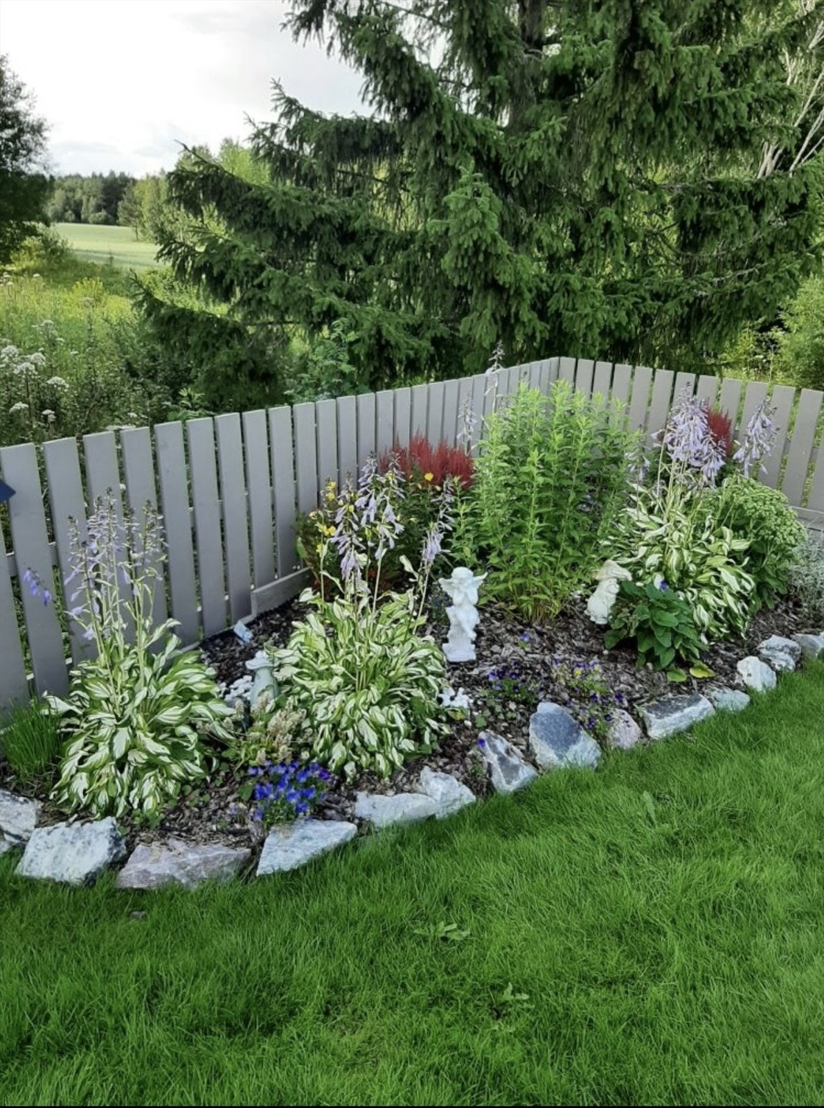 Etablert blomsterbed med stauder som gir farge og liv til hagen. Galleribilde