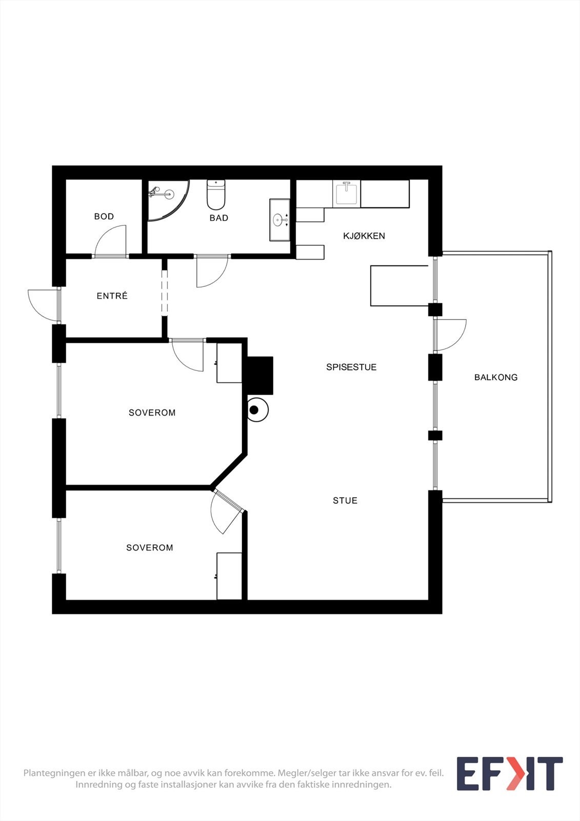 Leiligheten har en arealeffektiv planløsning som omfatter entré, to soverom, bad, en praktisk innvendig bod og et åpent stue- og kjøkkenområde. Galleribilde
