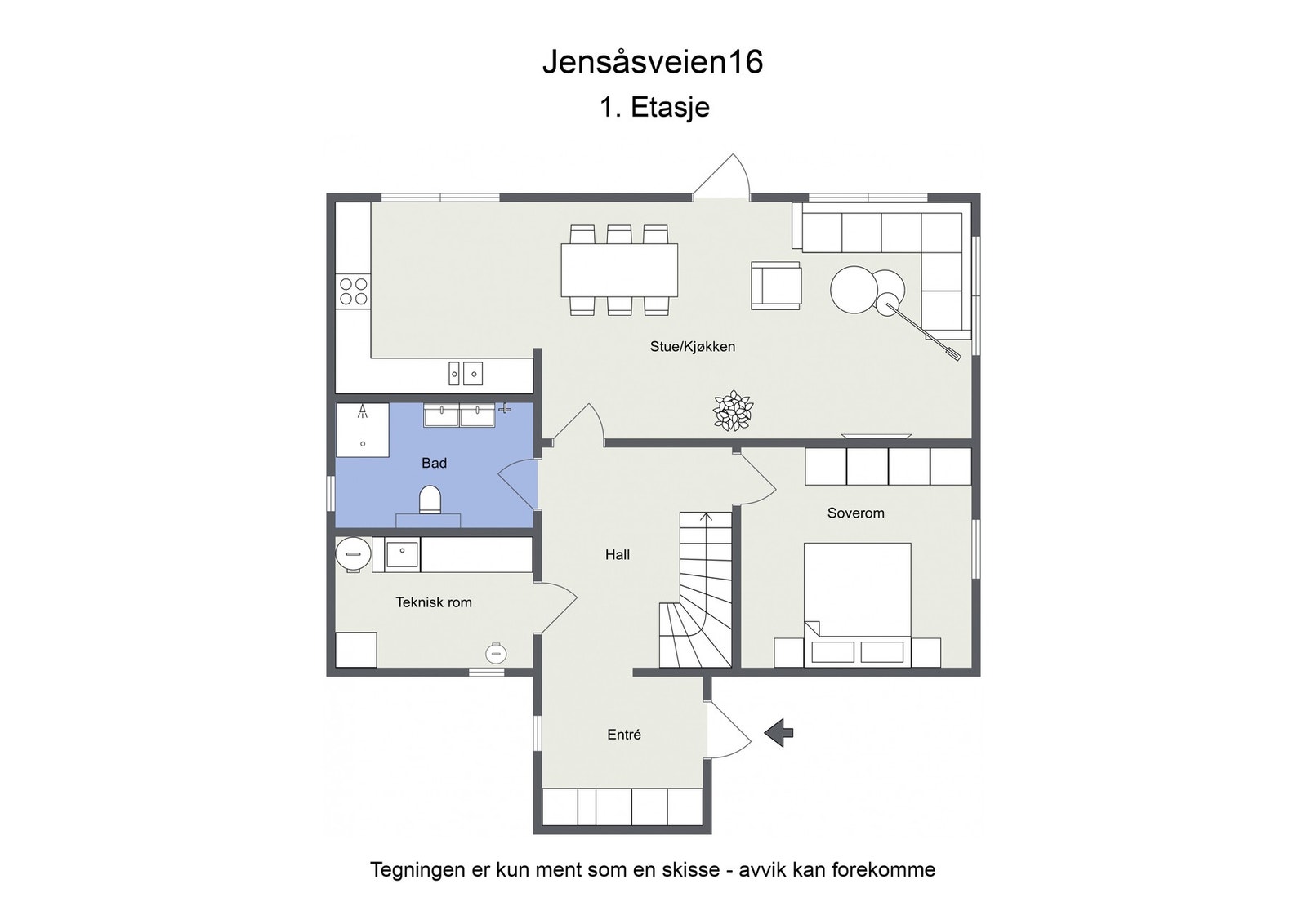 Planløsning 1. etg: entré, hall, stue/kjøkken, soverom, bad og vaskerom/teknisk rom. Galleribilde