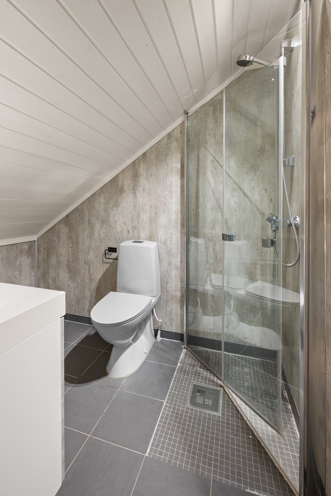 I 3. etasje finnes boligens andre bad, som er tilpasset etasjens utforming med skråtak. Badet har dusj med glassvegger, toalett og servant Galleribilde