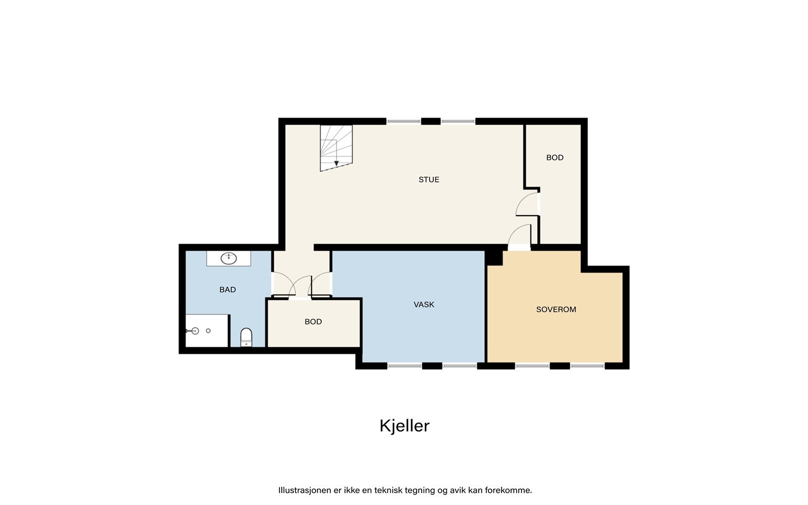 Kjelleren er innredet med kjellerstue, soverom, bad, vaskerom og to boder. Galleribilde