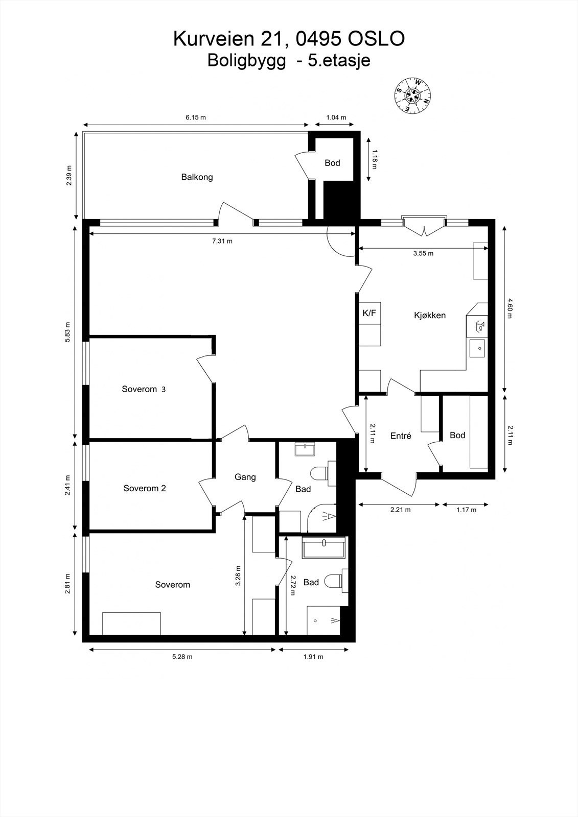 Alternativ planløsning Kurveien 21 ved etablering av et 3. soverom Galleribilde