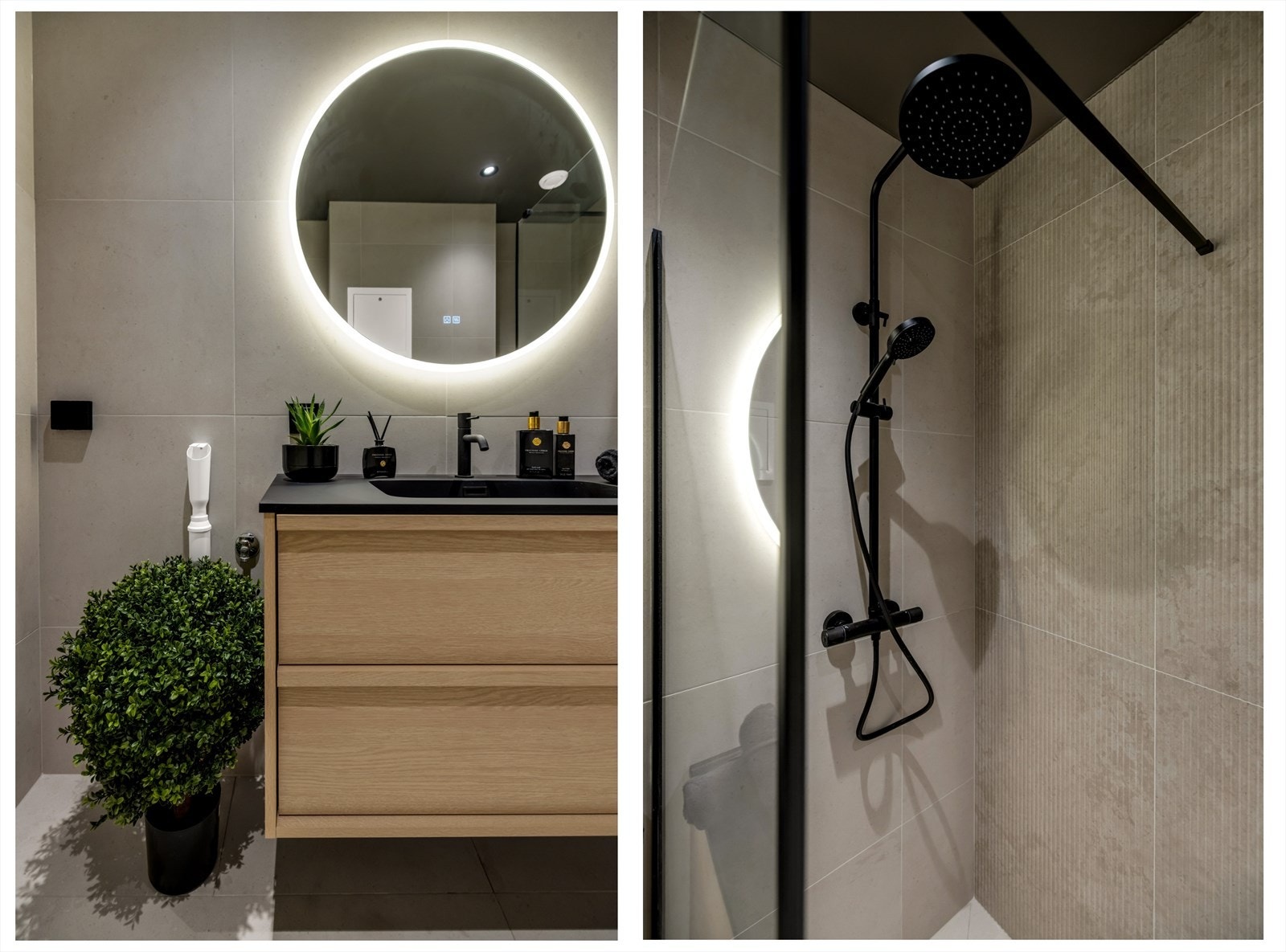 Badet har delikate flislagte overflater i harmoniske fargetoner, innfelt downlights og behagelig elektrisk gulvvarme. Dusjhjørnet har glassvegger og moderne dusjløsning med både waterfall-/takdusj og hånddusj. Galleribilde