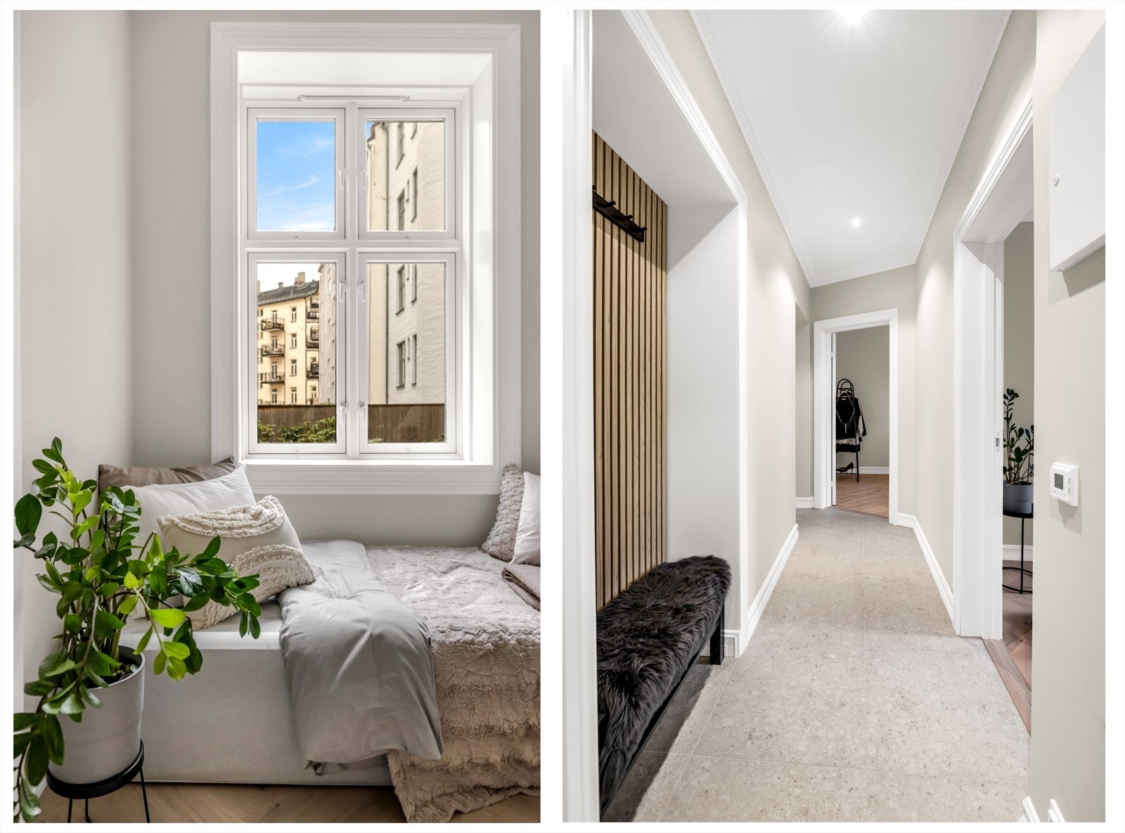 Leiligheten har en innbydende entré med store fliser på gulvet, downlights i himlingen og behagelig gulvvarme, som gir et umiddelbart godt førsteinntrykk. Detaljer som spilevegg og praktisk nisje tilfører rommet både karakter og funksjonalitet. Galleribilde