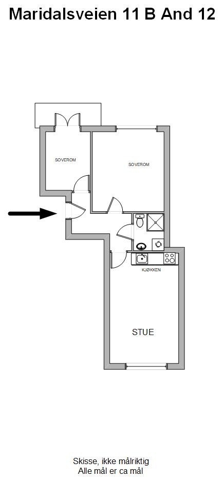 Leiligheten har en effektiv planløsning på 46 m² som omfatter entré, bad, åpen stue/kjøkken og to soverom. Galleribilde