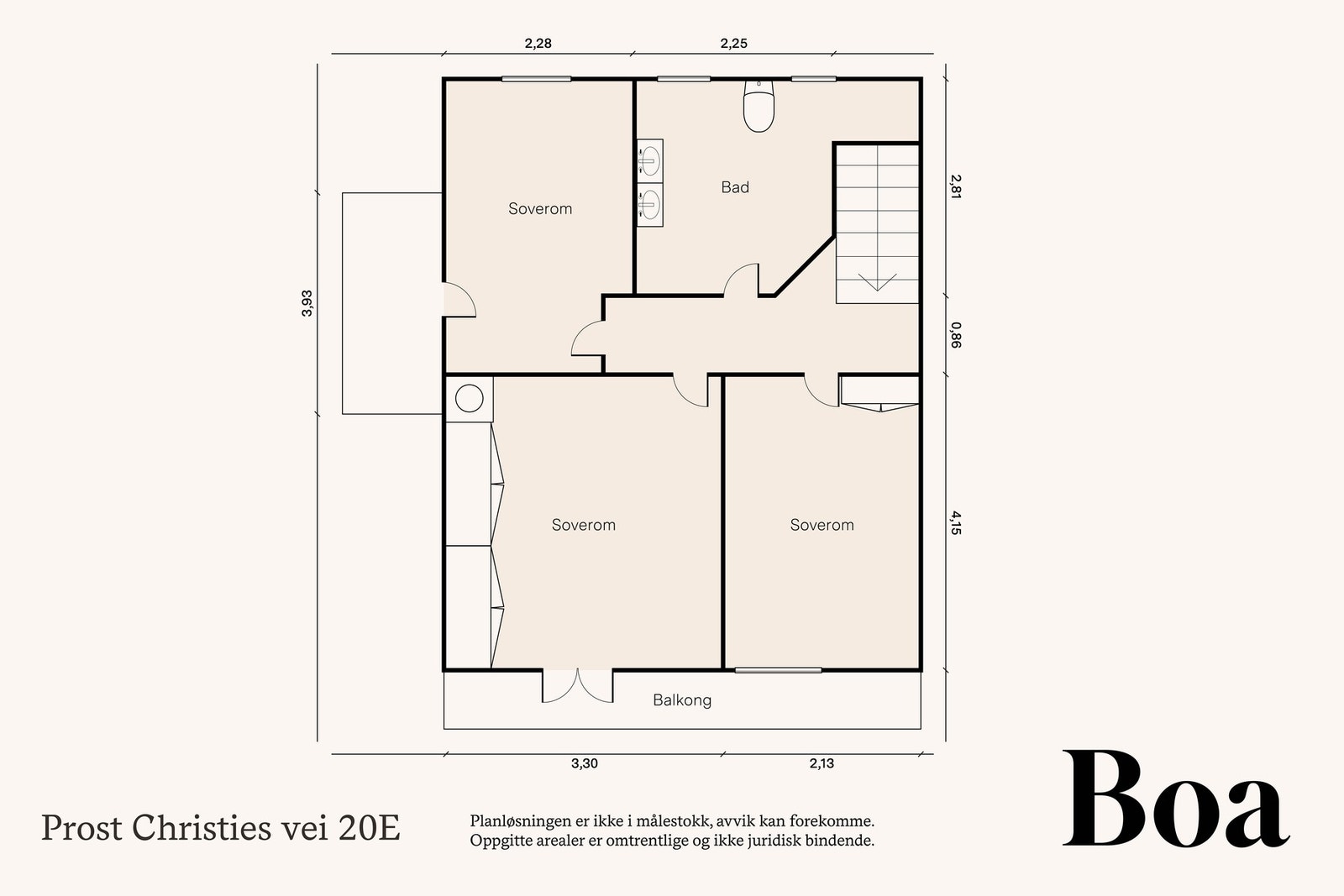 2.etasje: Trappegang, bad og 3 soverom + hjemmekontor.
Fra ett soverom er det utgang til balkong på ca 5 m²- Galleribilde