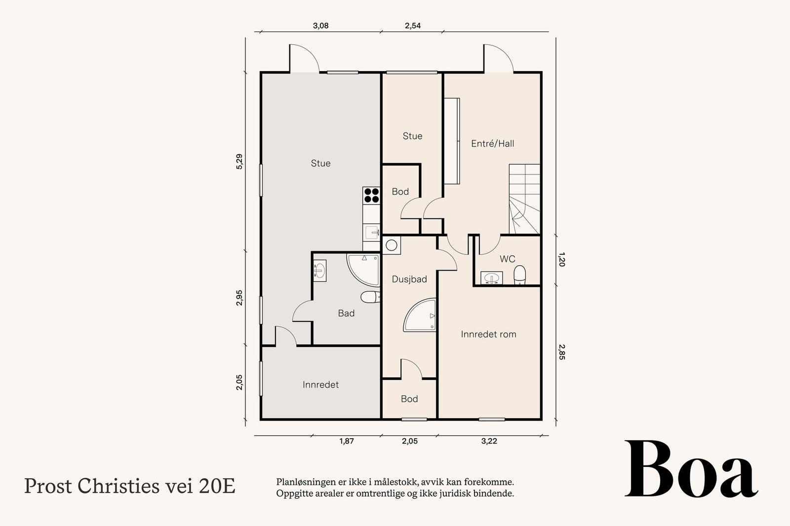 Underetasje: Entre/hall m/trapp, 2 boder, innredet rom, separat toalett, dusjbad, separat toalett og stue. Utleiedel: Entre/gang, bad, innredet rom og stue med åpen kjøkkenløsning. Galleribilde
