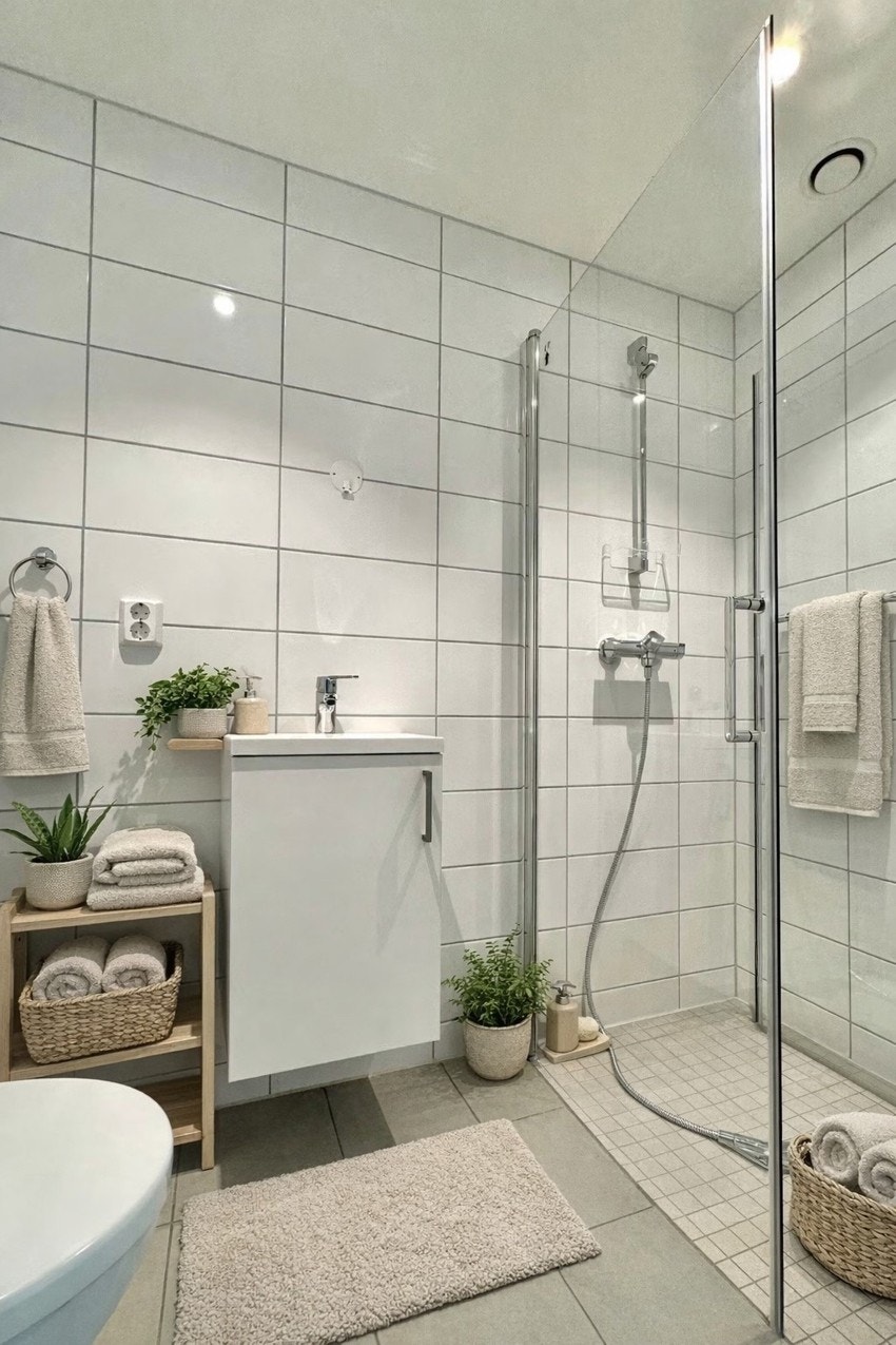 Delikat bad/wc nr 2 | dusjnisje med dusjdører i glass | vegghengt toalett | elektriske varmekabler | håndvask i innredning | down-lights Galleribilde