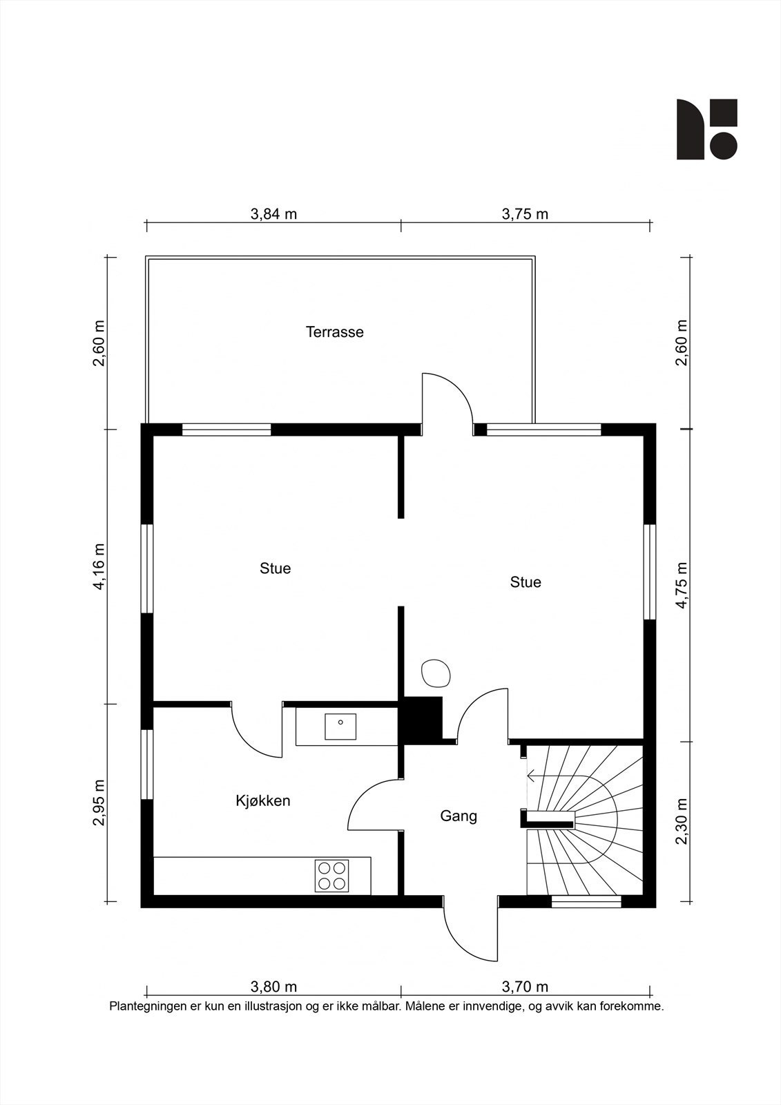 Første etasje har en sosial planløsning som samler stue, spisestue og kjøkken, med utgang til en stor terrasse. Galleribilde